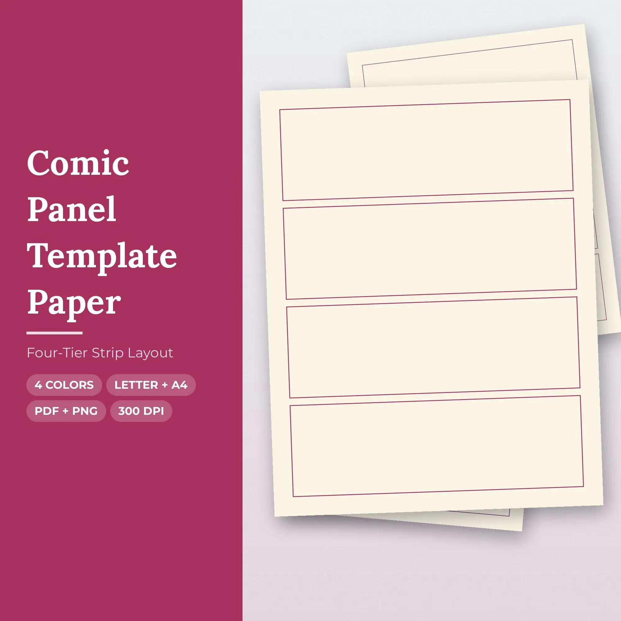 Comic Panel Template Paper Pack, Four-Tier Strip Layout - PDF + PNG preview