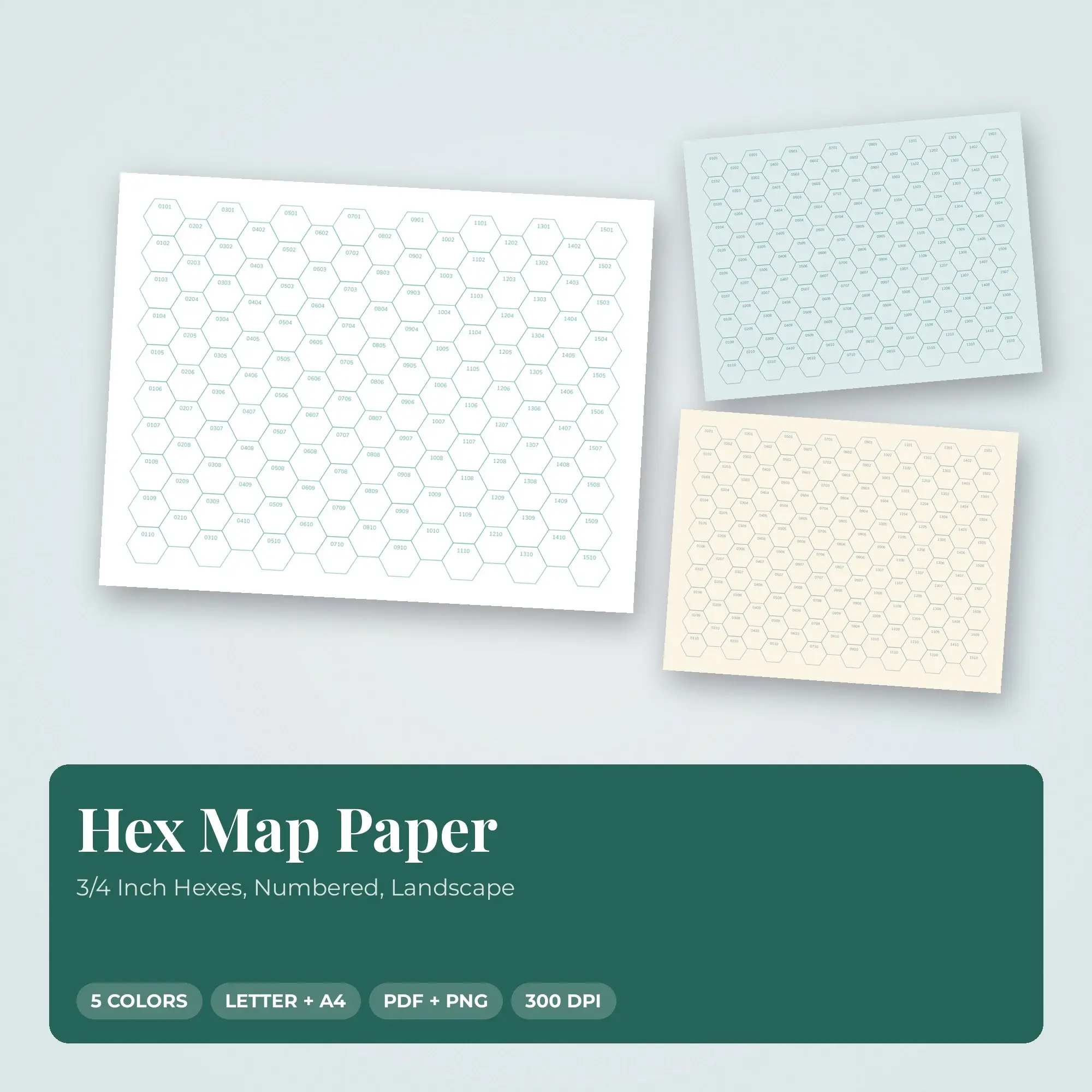 Hex Map Paper Pack, 3/4 Inch Hexes, Numbered, Landscape - PDF + PNG preview