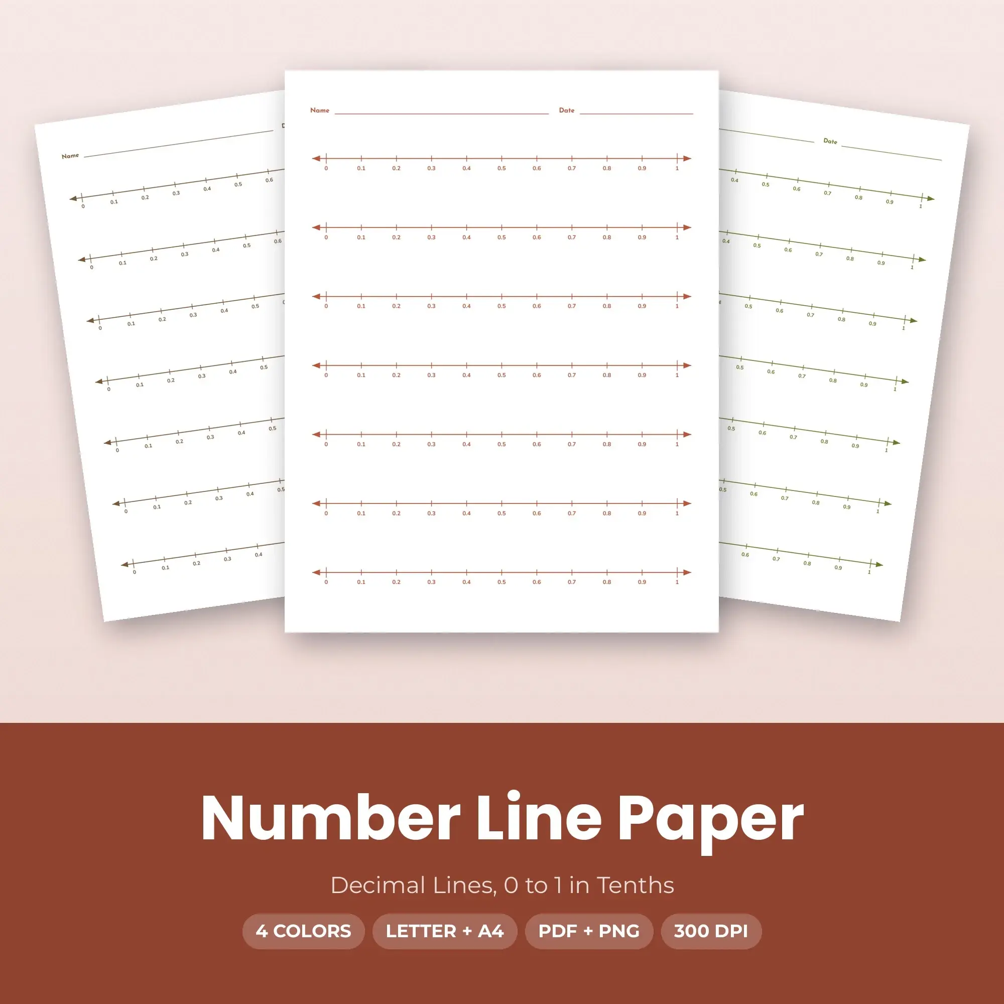 Number Line Paper Pack, Decimal Lines, 0 to 1 in Tenths - PDF + PNG preview