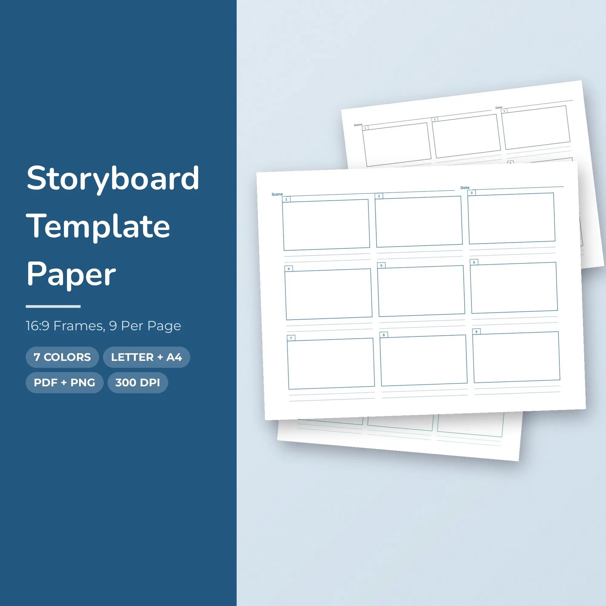 7 Color Storyboard Template Paper: 16:9 Frames, 9 Per Page | PDF & PNG preview