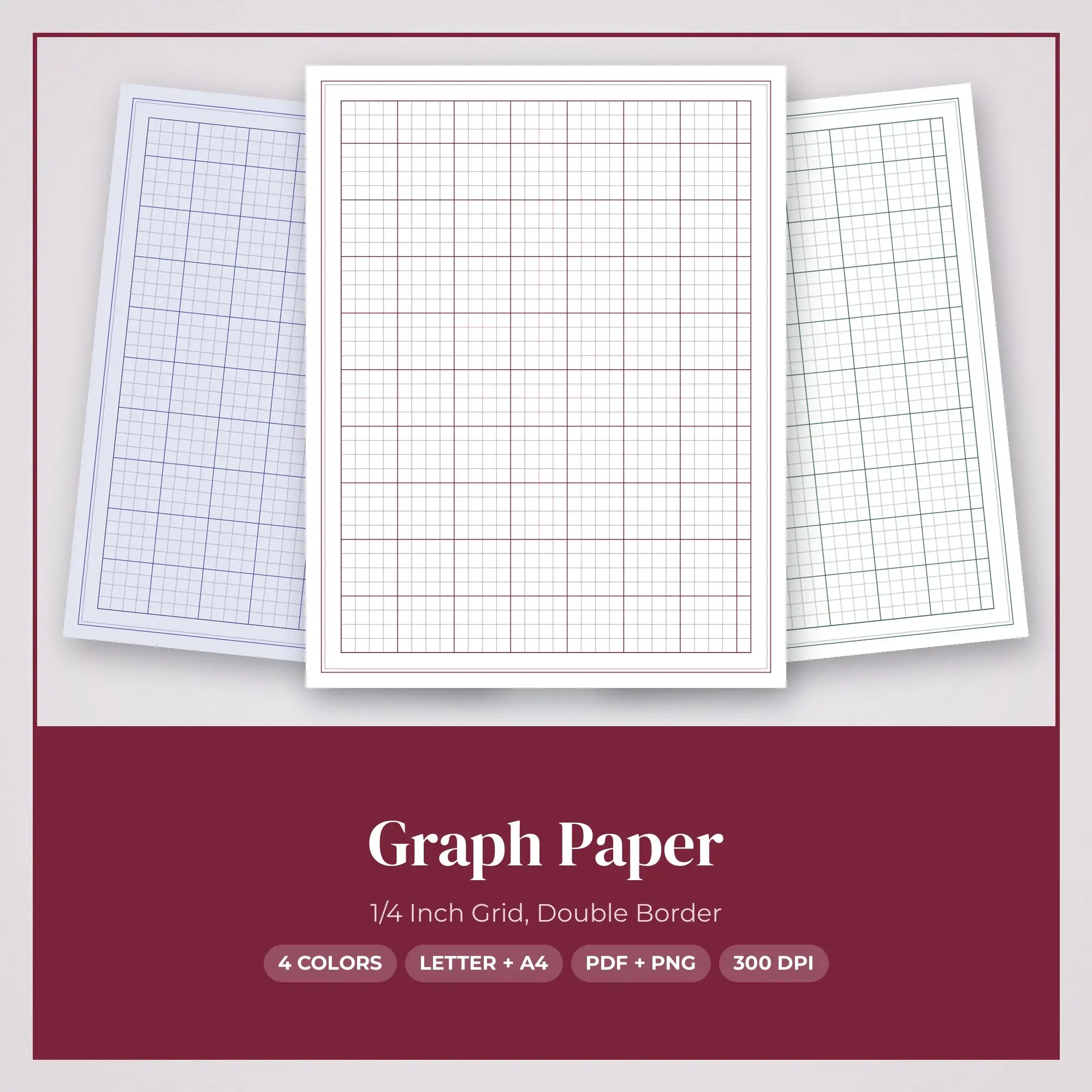 Graph Paper Pack, 1/4 Inch Grid, Double Border - PDF + PNG preview
