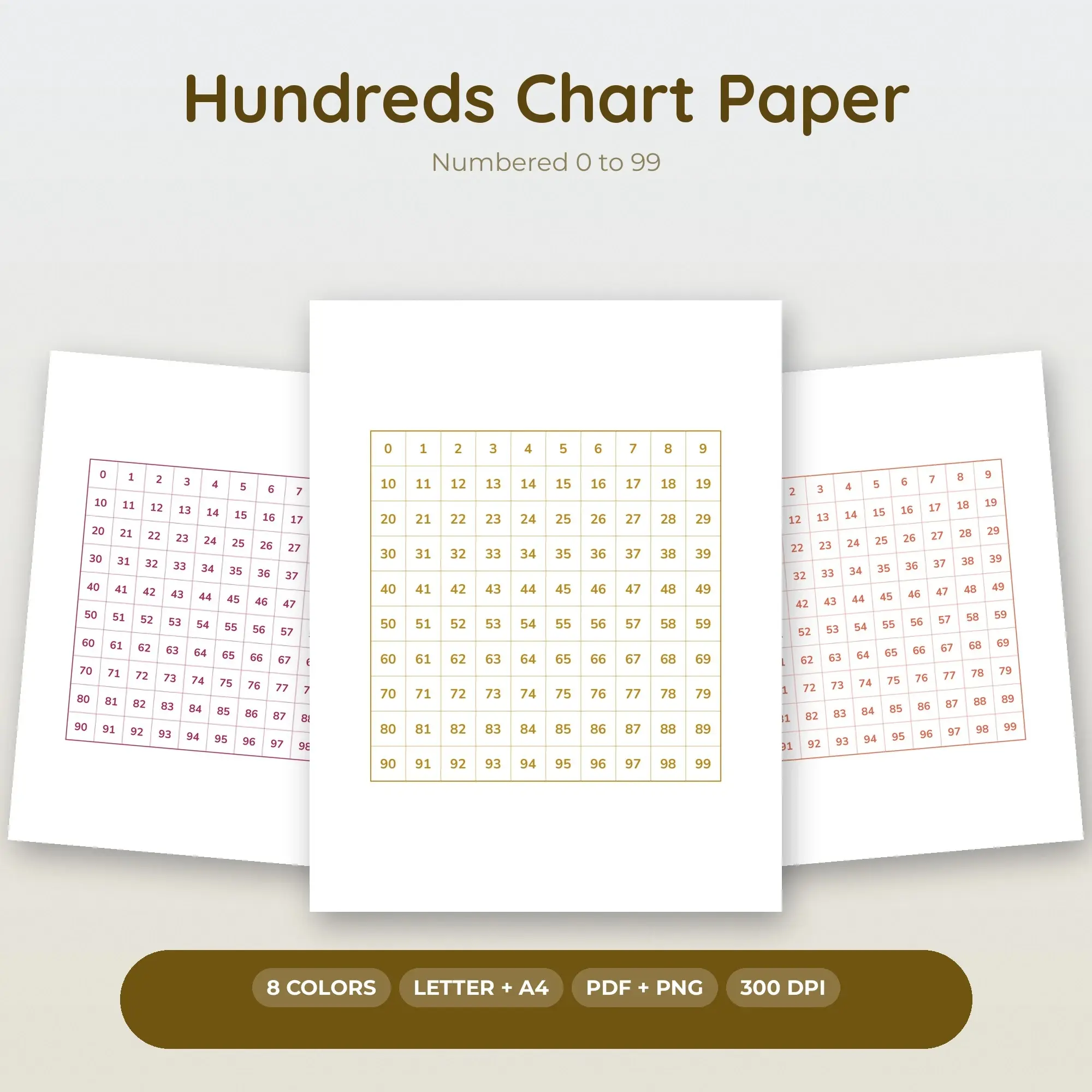Hundreds Chart Paper Printable, Numbered 0 to 99 - 8 Colors PDF + PNG preview