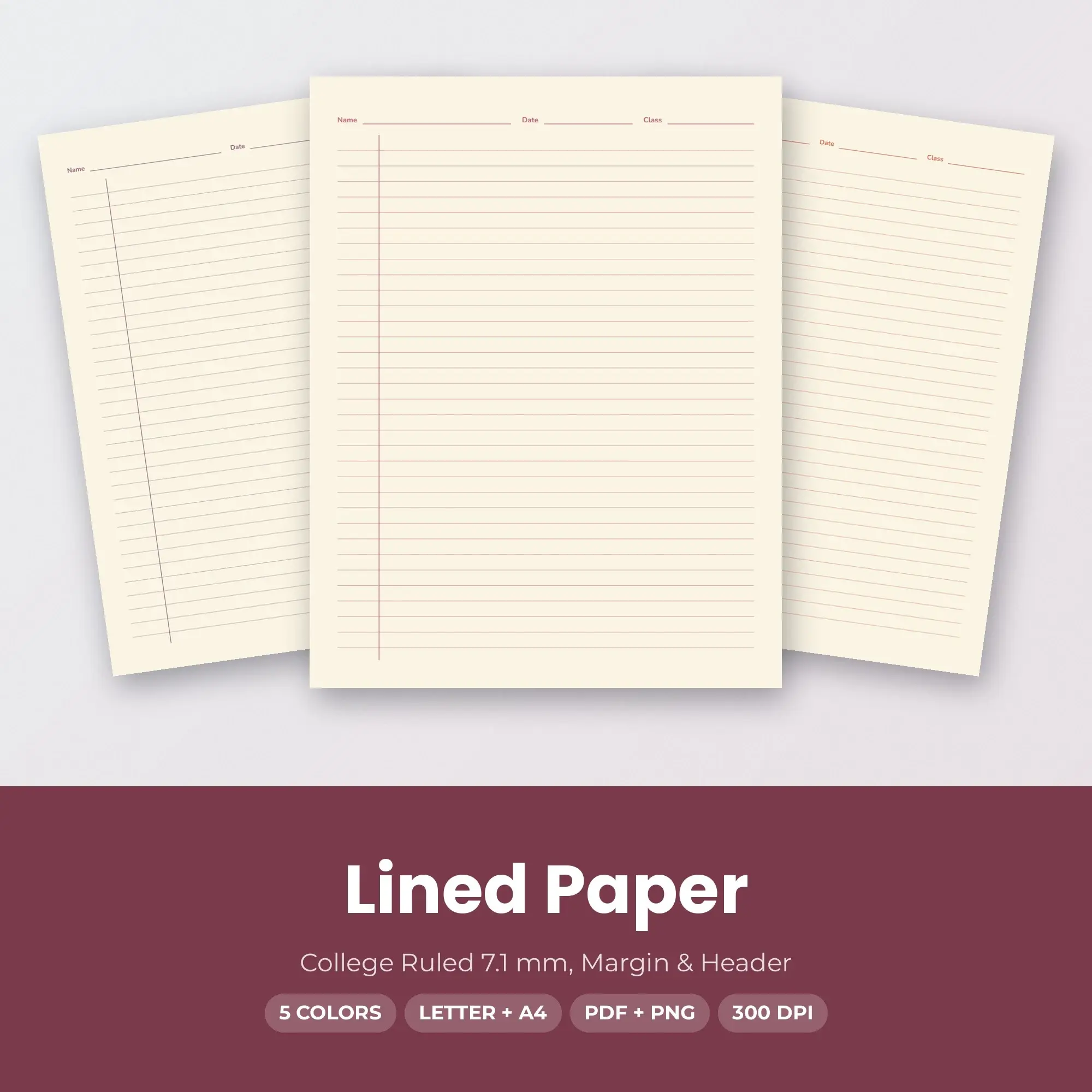 5 Color Lined Paper: College Ruled 7.1 mm, Margin & Header | PDF & PNG preview