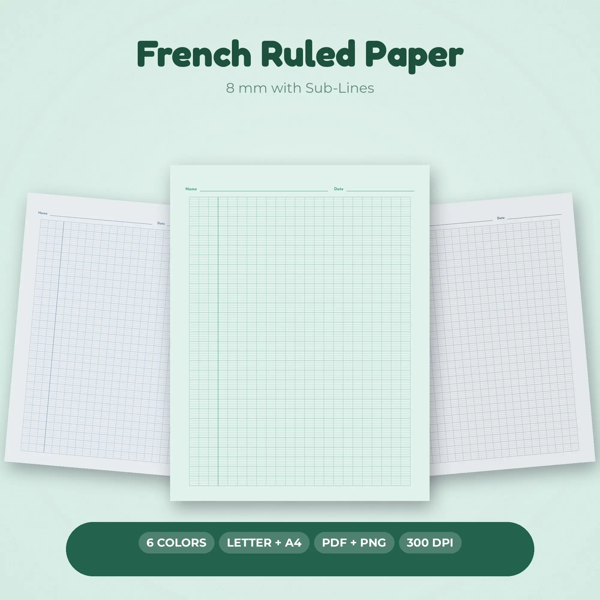 Sea Glass French Ruled Paper Pack - 8 mm with Sub-Lines, 6 Colors preview
