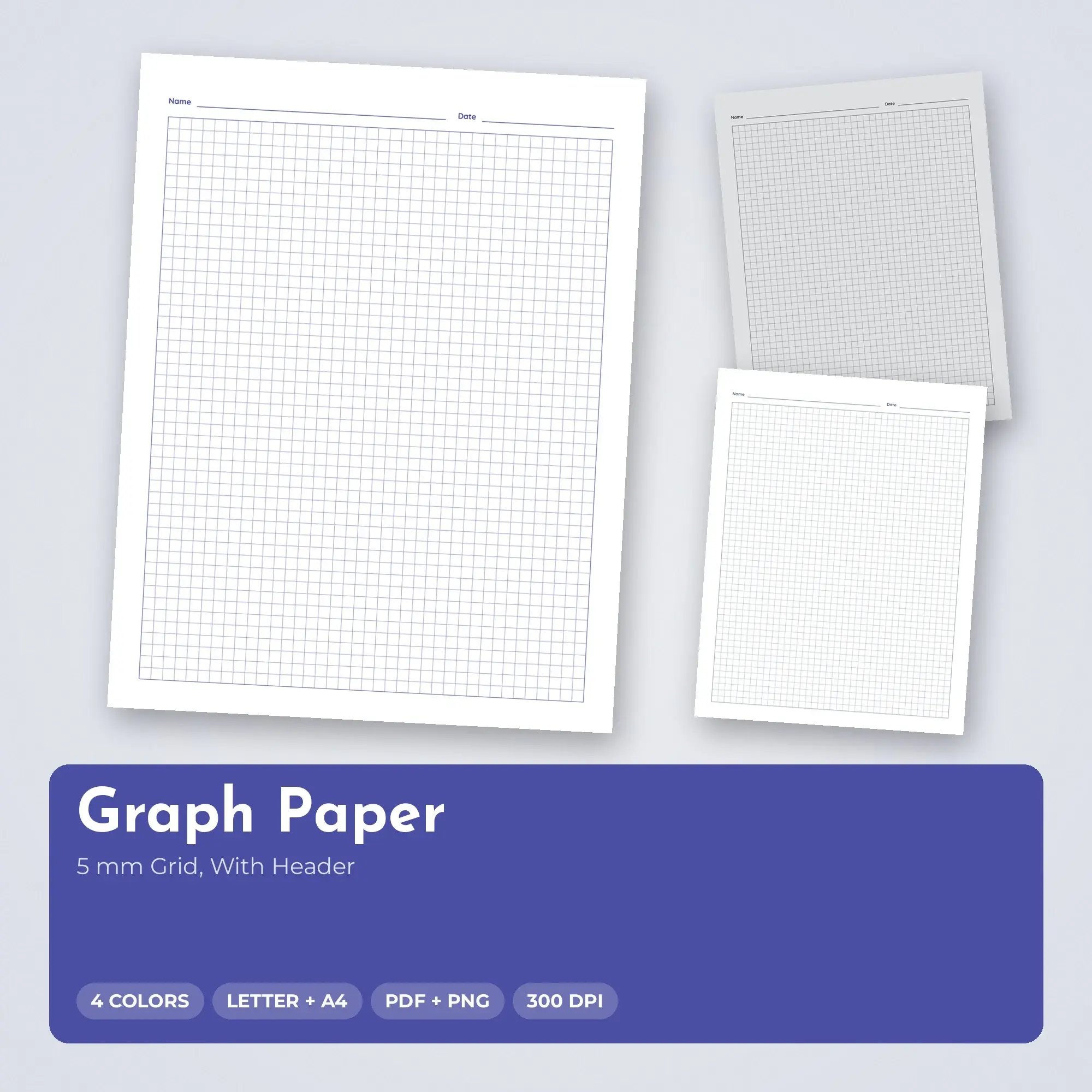 Graph Paper Pack, 5 mm Grid, With Header - PDF + PNG preview