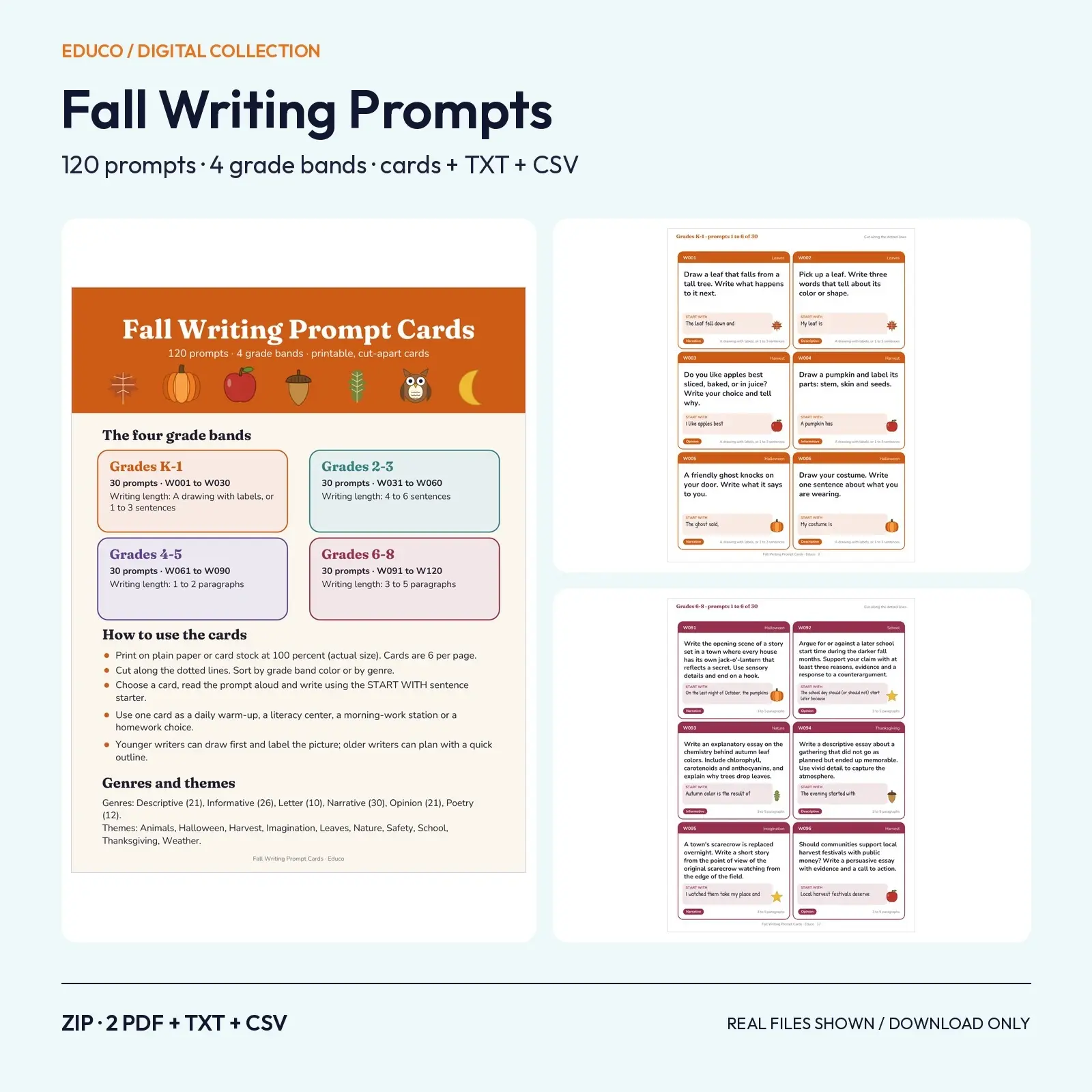 Fall Writing Prompts for Grades K-8 – 120 Prompts, Printable Cards (PDF), TXT and CSV preview
