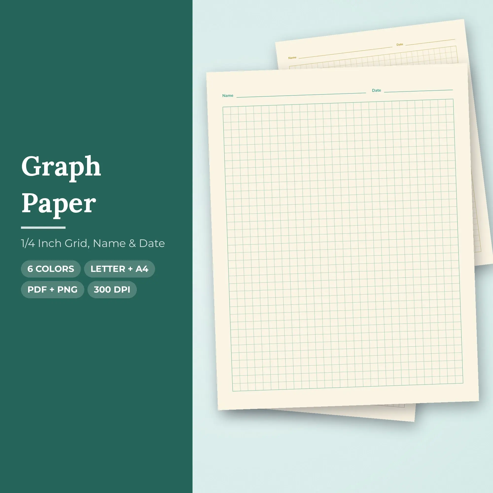 Graph Paper - 1/4 Inch Grid, Name & Date, 6 Colorways, PDF + PNG preview