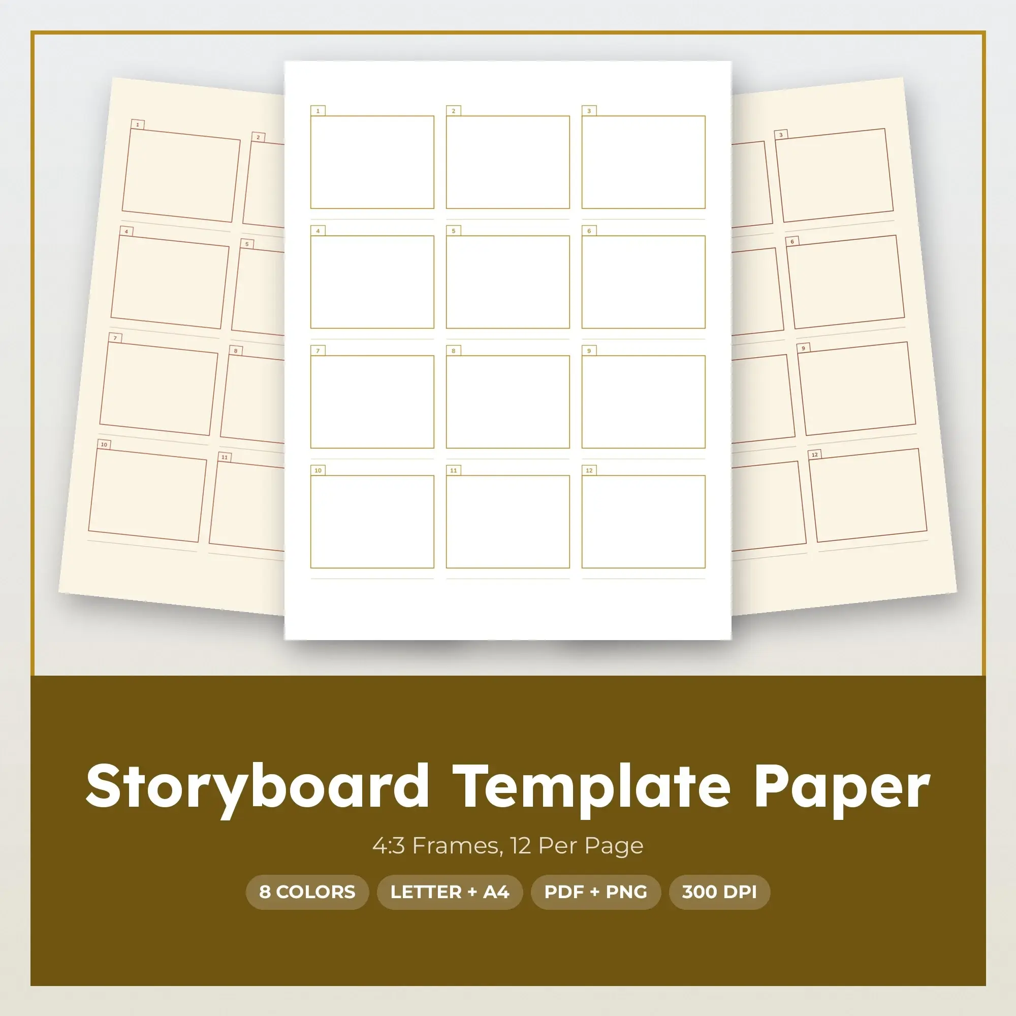 8 Color Storyboard Template Paper: 4:3 Frames, 12 Per Page | PDF & PNG preview