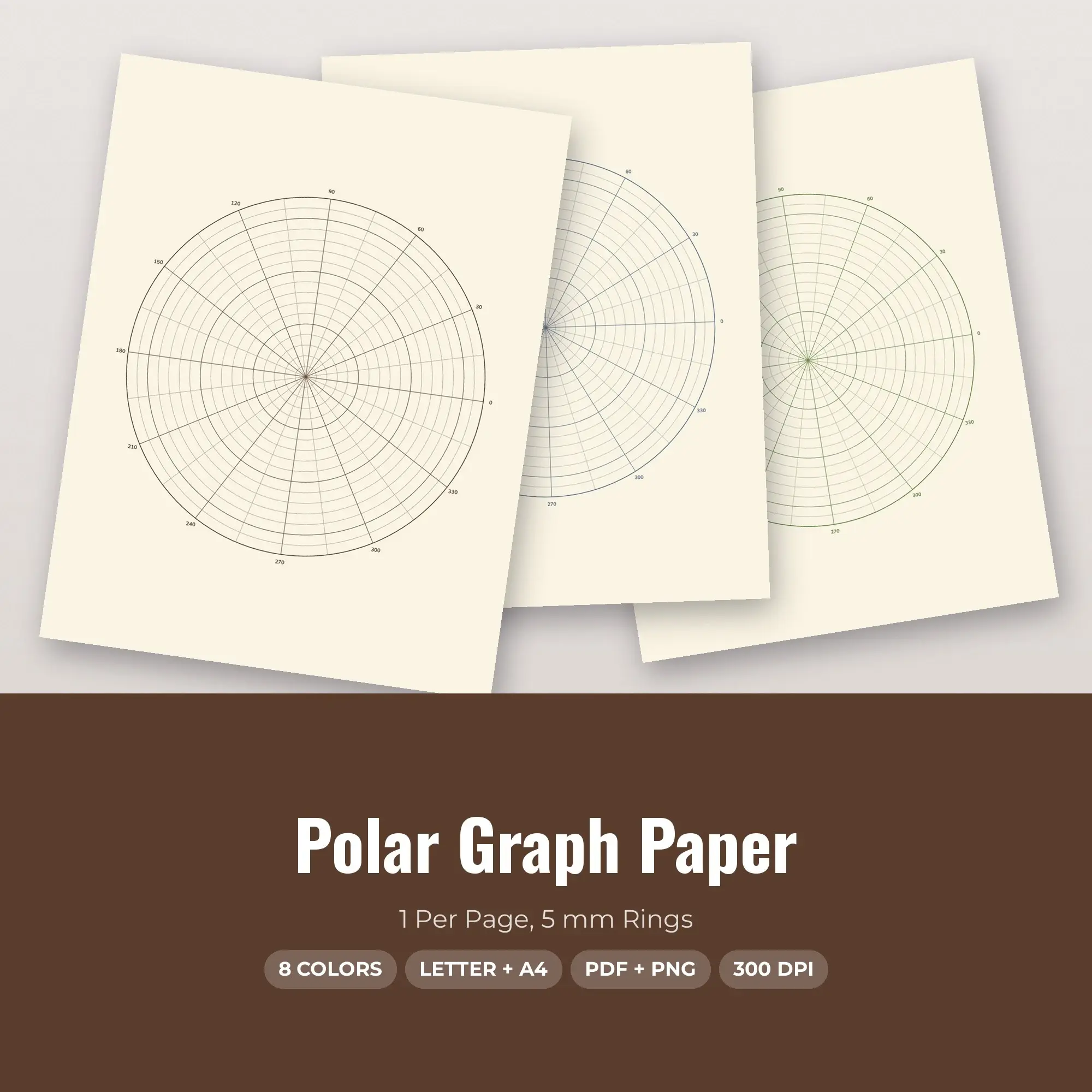 8 Color Polar Graph Paper: 1 Per Page, 5 mm Rings | PDF & PNG preview