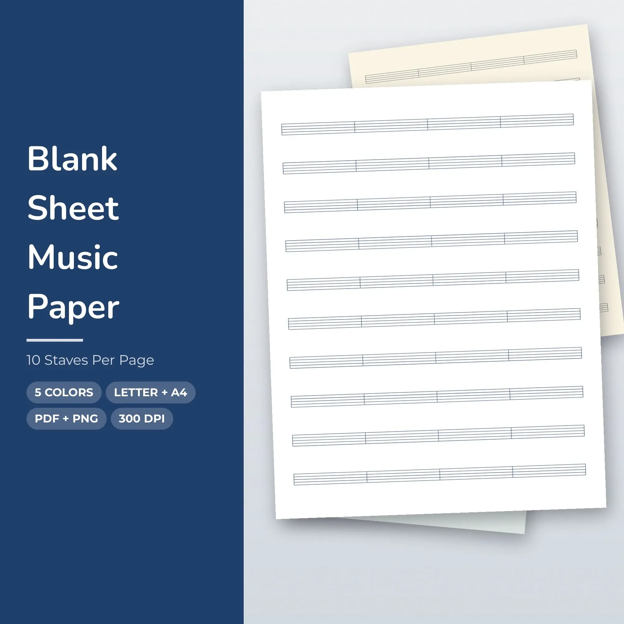 10 Staves Per Page Blank Sheet Music Paper Printable PDF, 5 Color Set preview