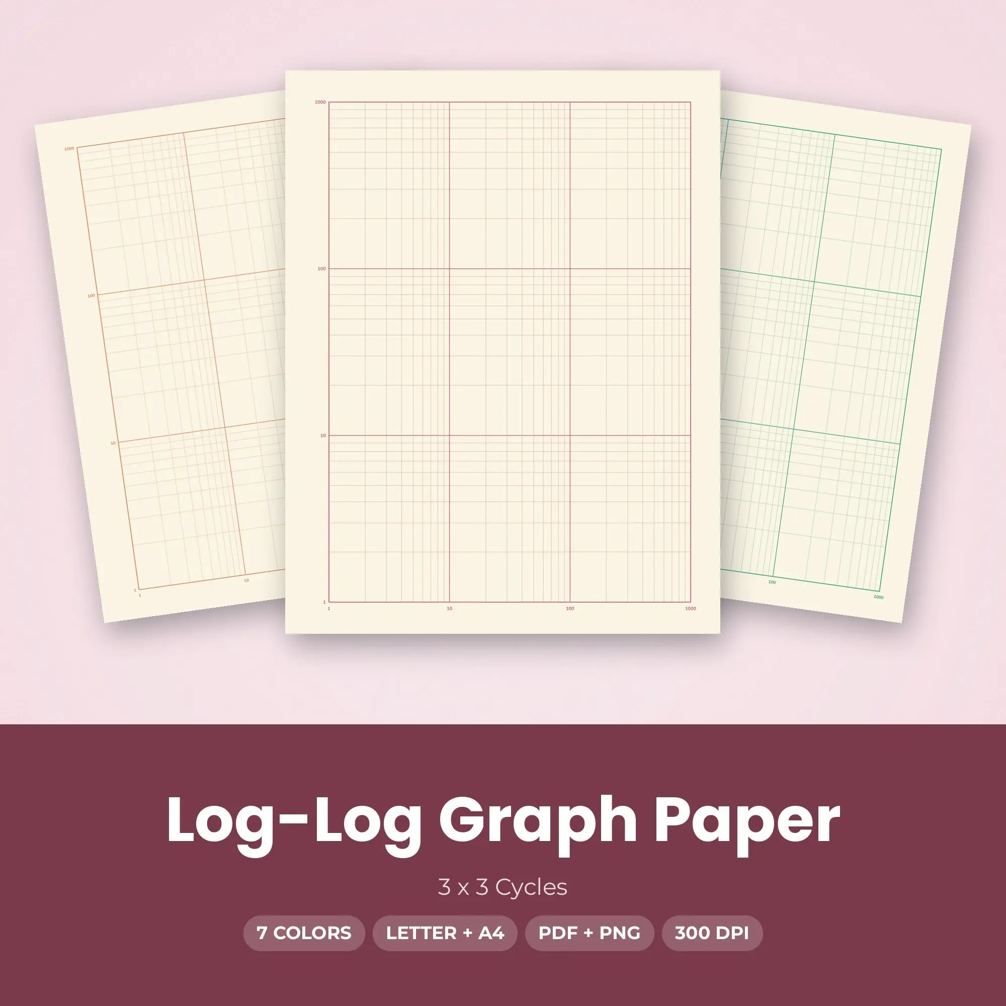Pastel Log-Log Graph Paper Pack - 3 x 3 Cycles, 7 Colors preview