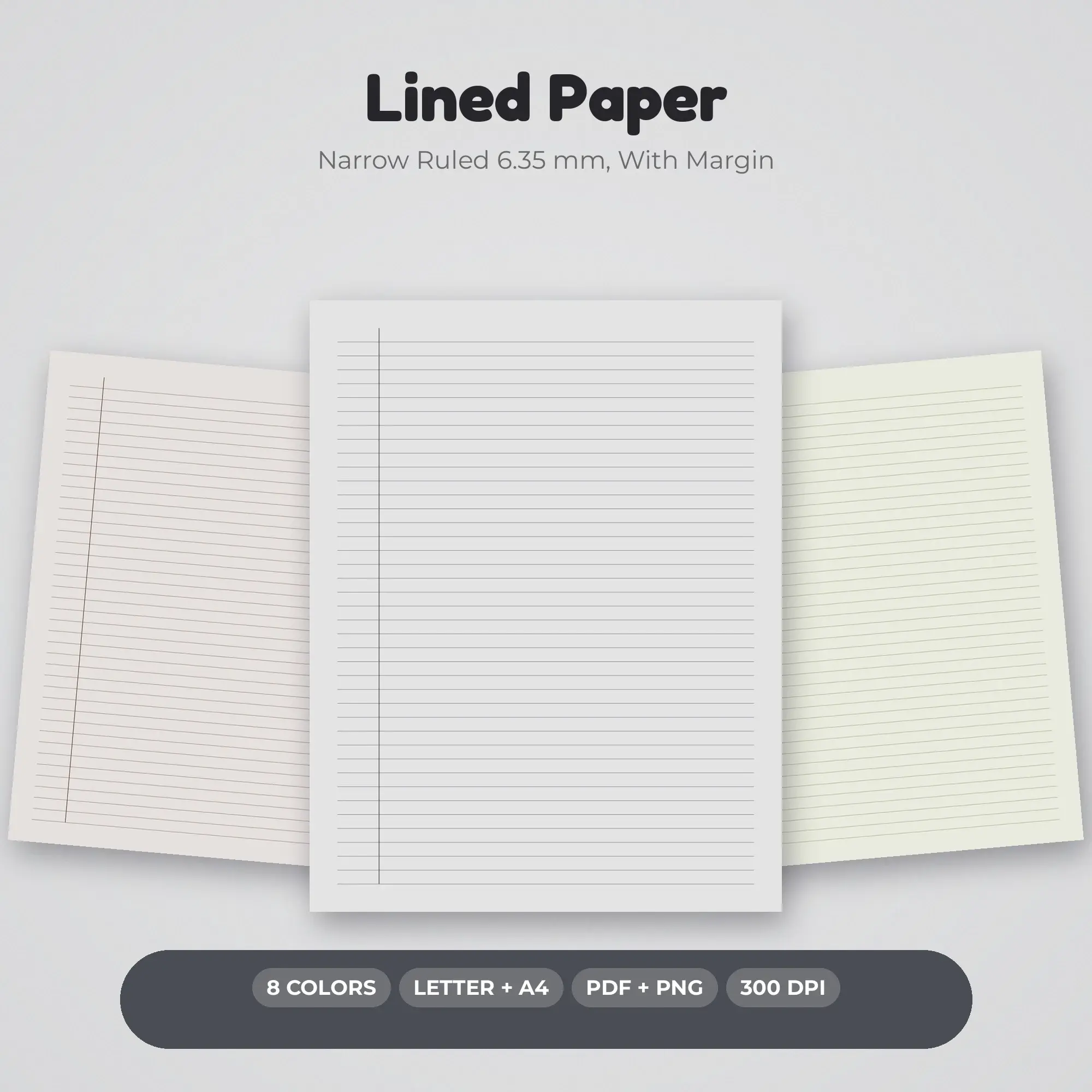 Lined Paper Pack, Narrow Ruled 6.35 mm, With Margin - PDF + PNG preview