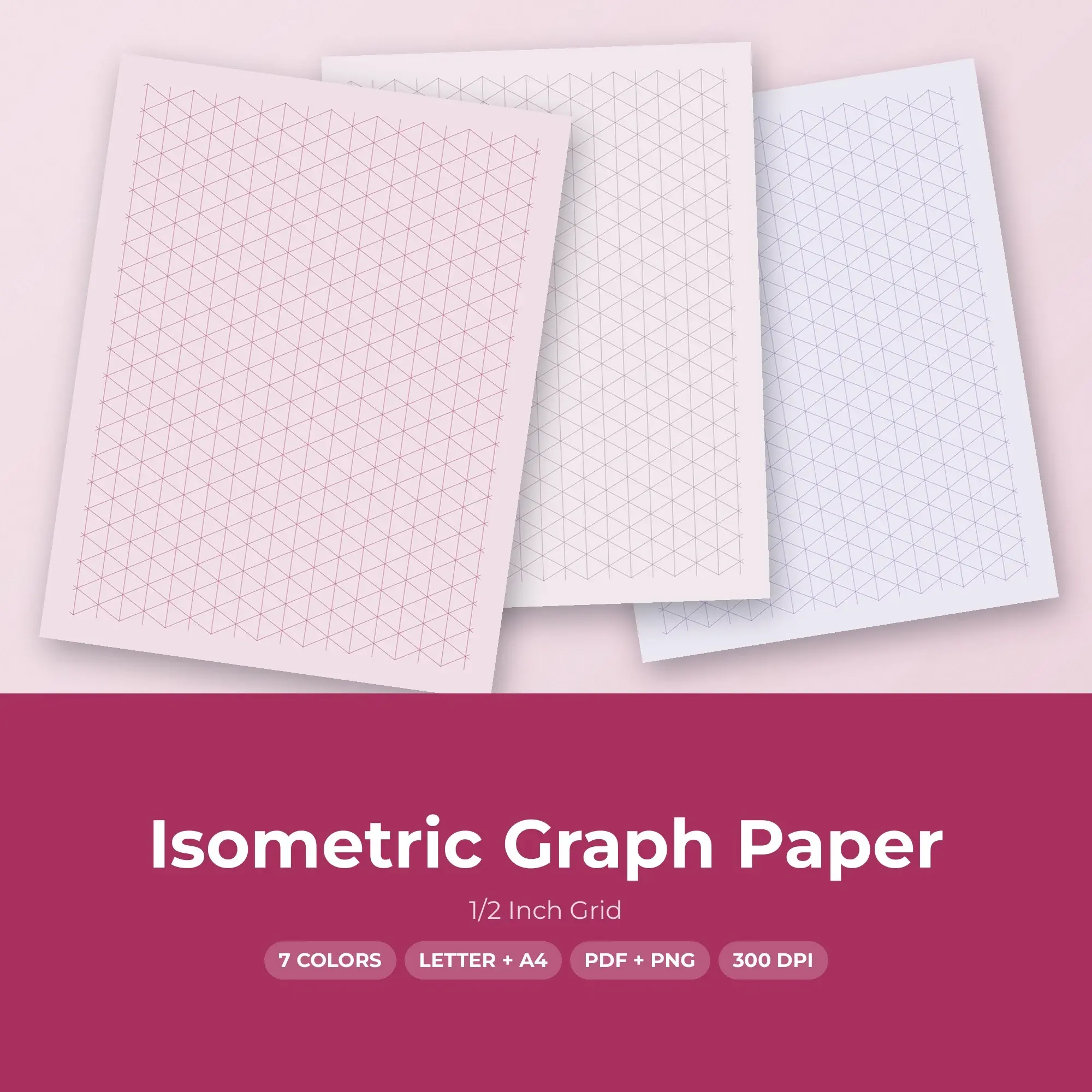 1/2 Inch Grid Isometric Graph Paper - 7 Berry Colors, Letter + A4 preview