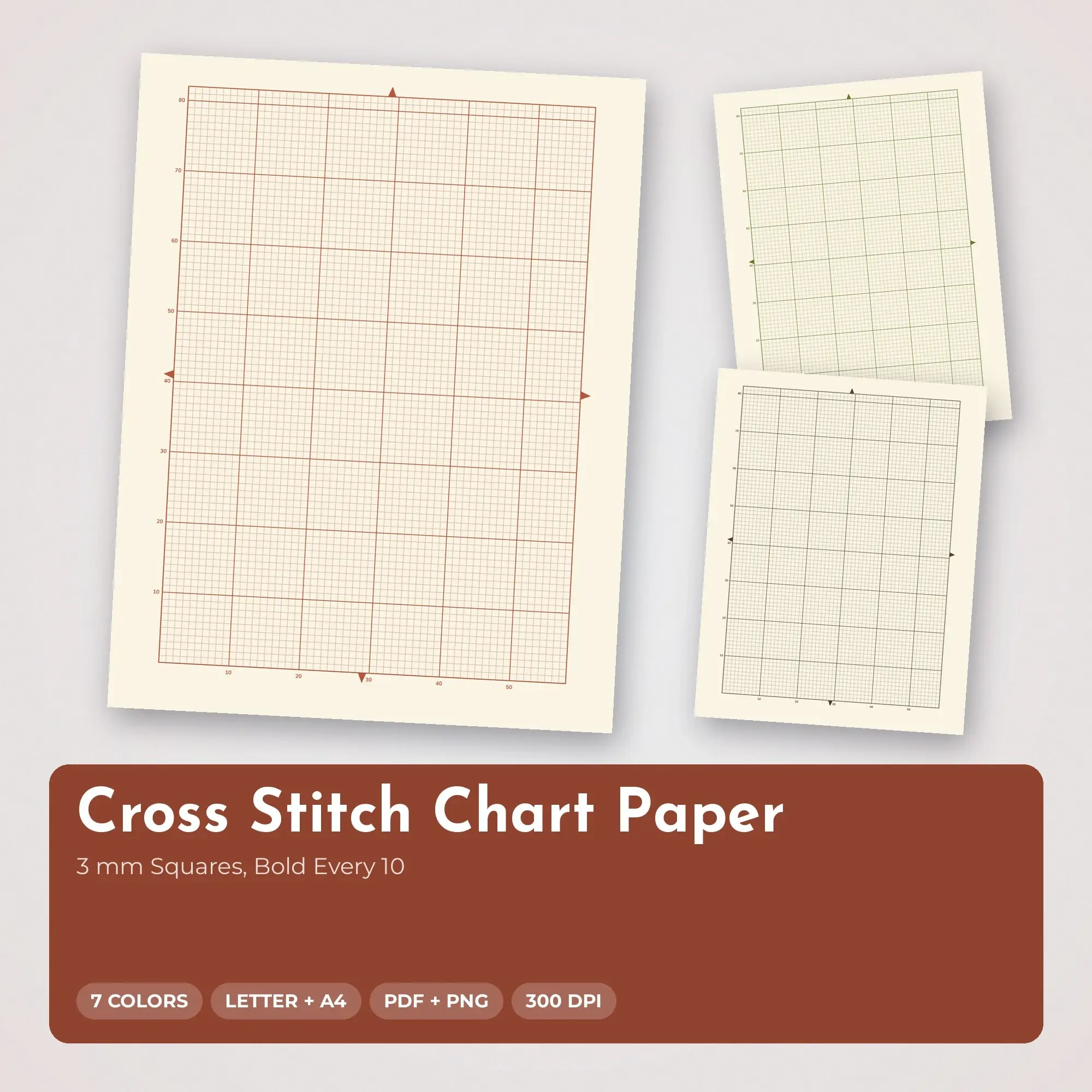 Cross Stitch Chart Paper Pack, 3 mm Squares, Bold Every 10 - PDF + PNG preview