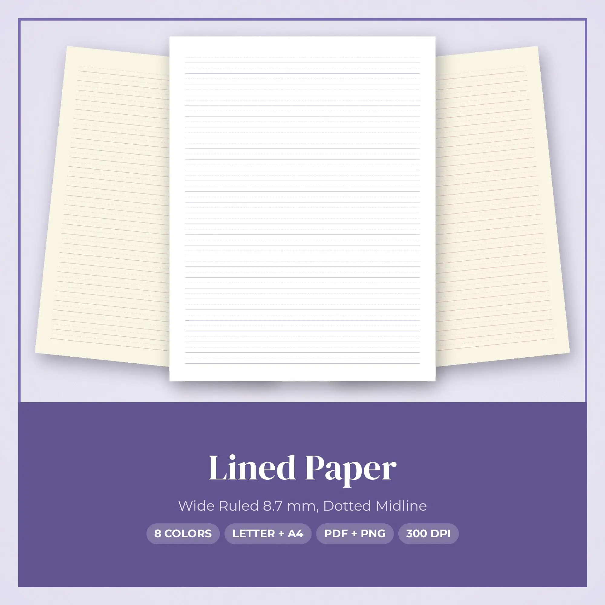 Pastel Lined Paper Pack - Wide Ruled 8.7 mm, Dotted Midline, 8 Colors preview