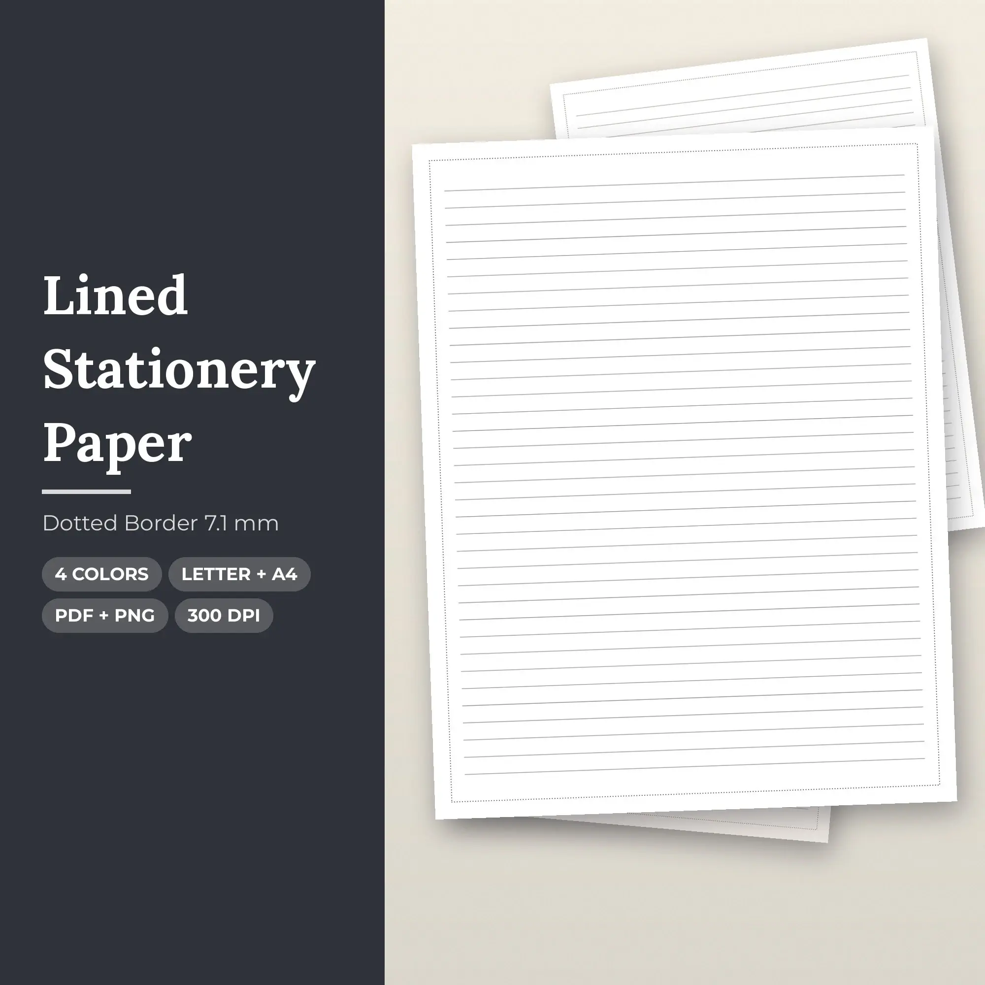 Lined Stationery Paper - Dotted Border 7.1 mm, 4 Colorways, PDF + PNG preview