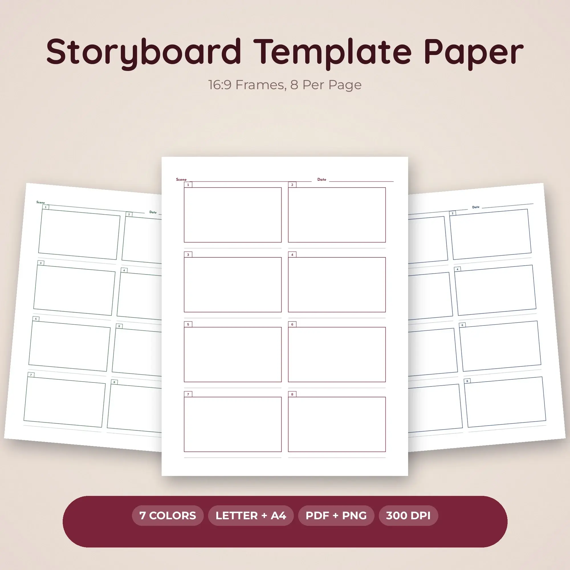 Storyboard Template Paper Pack, 16:9 Frames, 8 Per Page - PDF + PNG preview