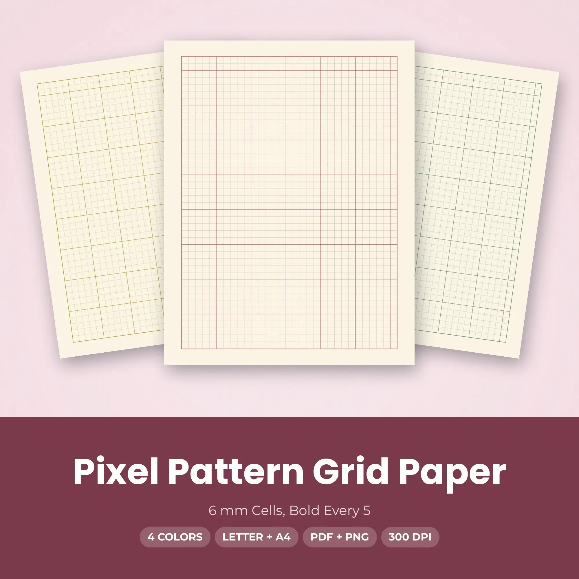 Pixel Pattern Grid Paper Pack, 6 mm Cells, Bold Every 5 - PDF + PNG preview