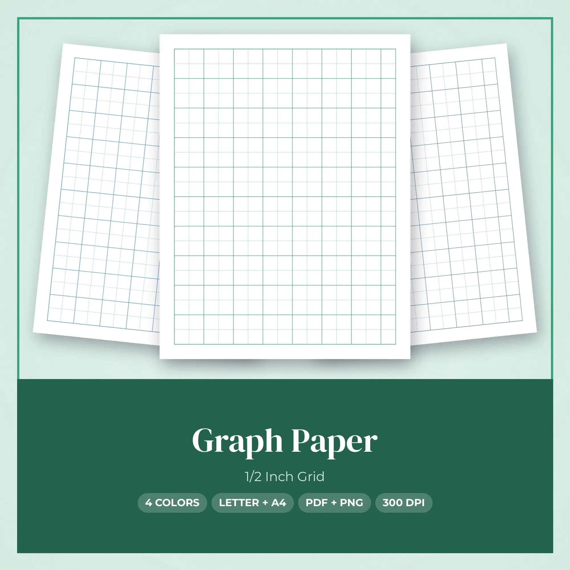 1/2 Inch Grid Graph Paper - 4 Sea Glass Colors, Letter + A4 preview