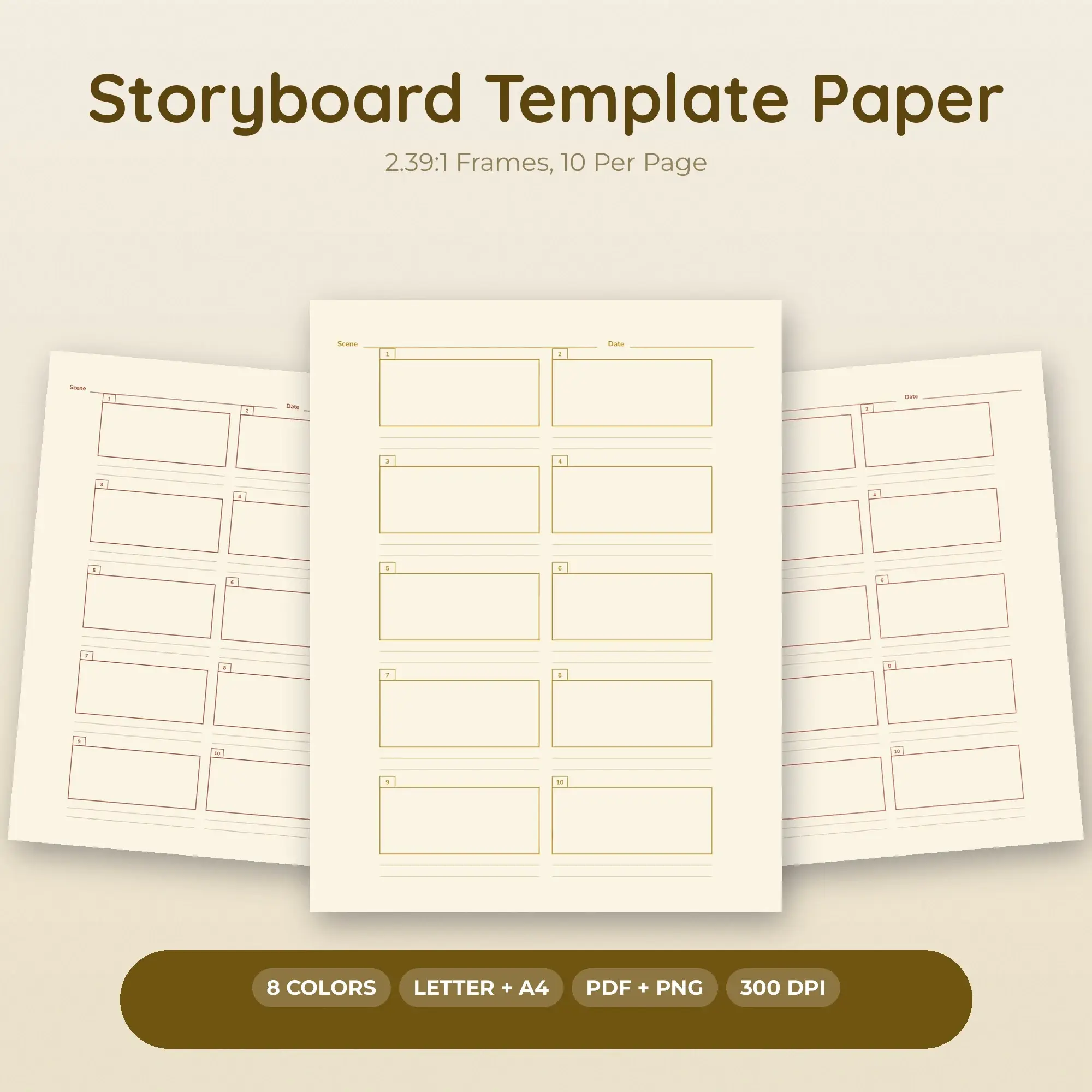 Storyboard Template Paper Pack, 2.39:1 Frames, 10 Per Page - PDF + PNG preview