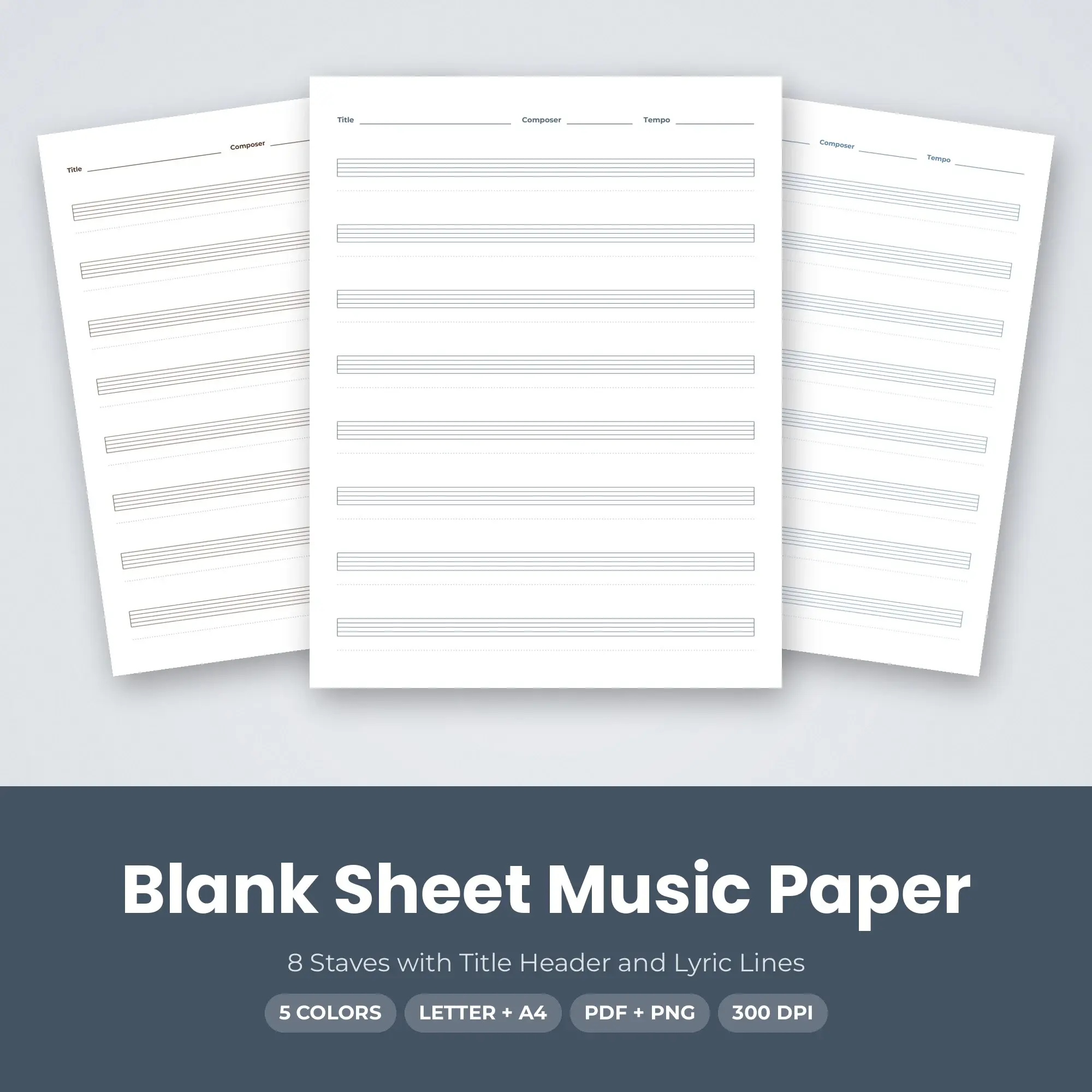 8 Staves with Title Header and Lyric Lines Blank Sheet Music Paper preview
