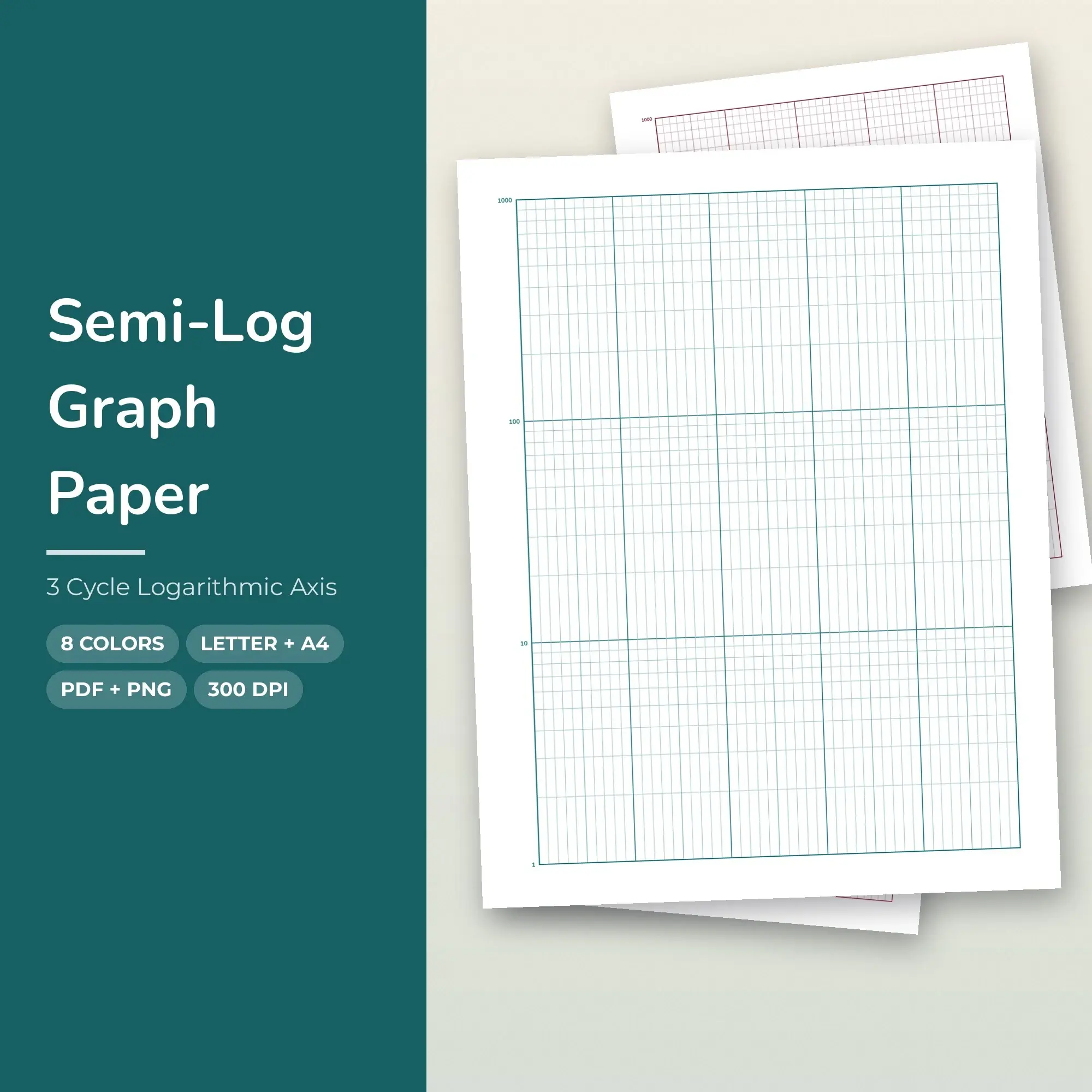 Semi-Log Graph Paper Pack, 3 Cycle Logarithmic Axis - PDF + PNG preview
