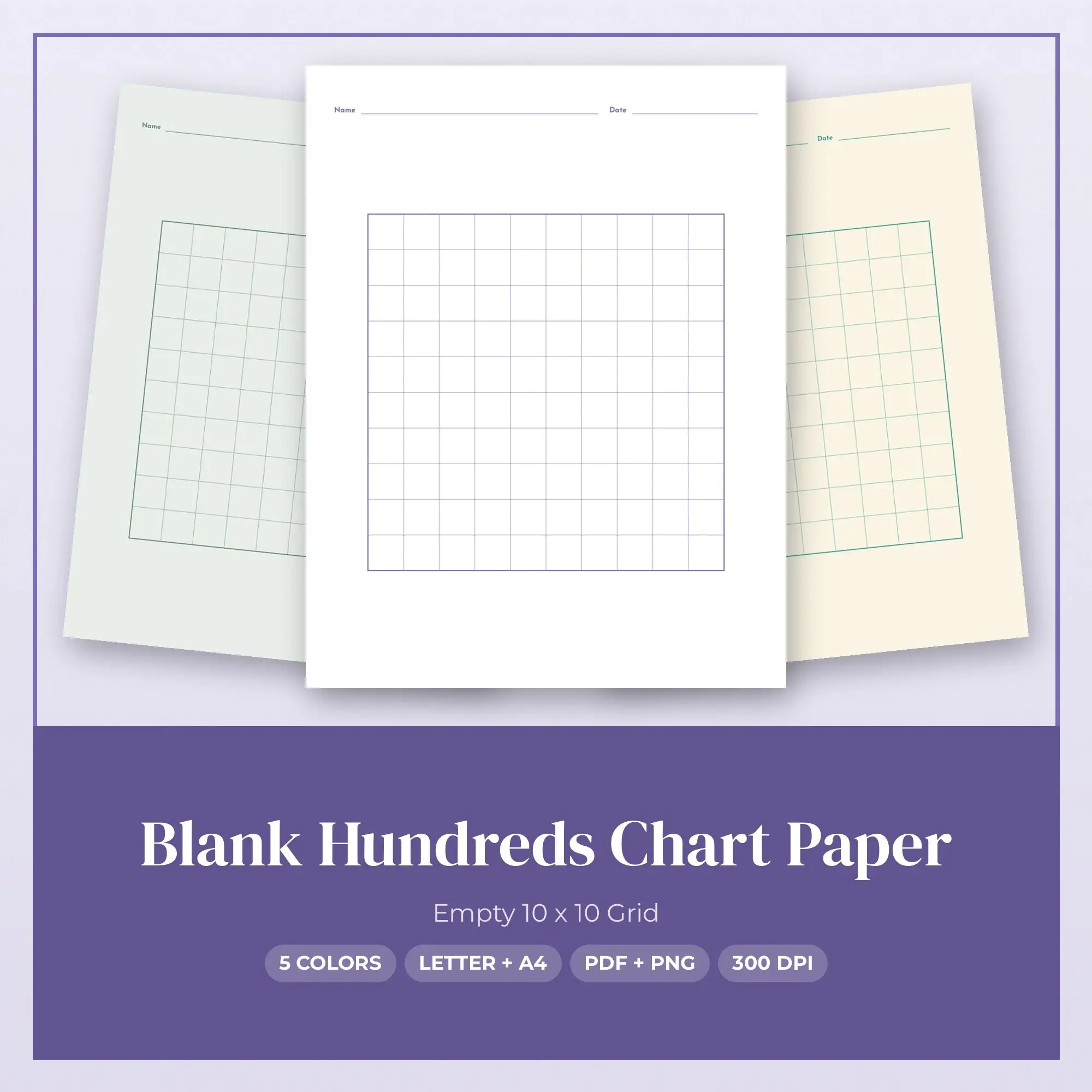 5 Color Blank Hundreds Chart Paper: Empty 10 x 10 Grid | PDF & PNG preview