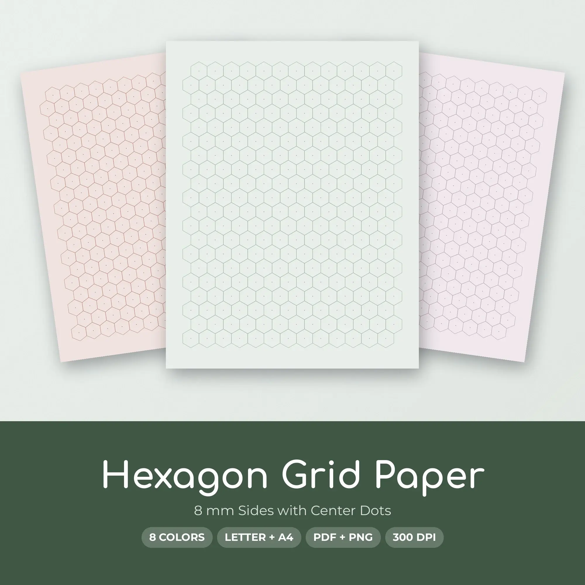 8 Color Hexagon Grid Paper: 8 mm Sides with Center Dots | PDF & PNG preview