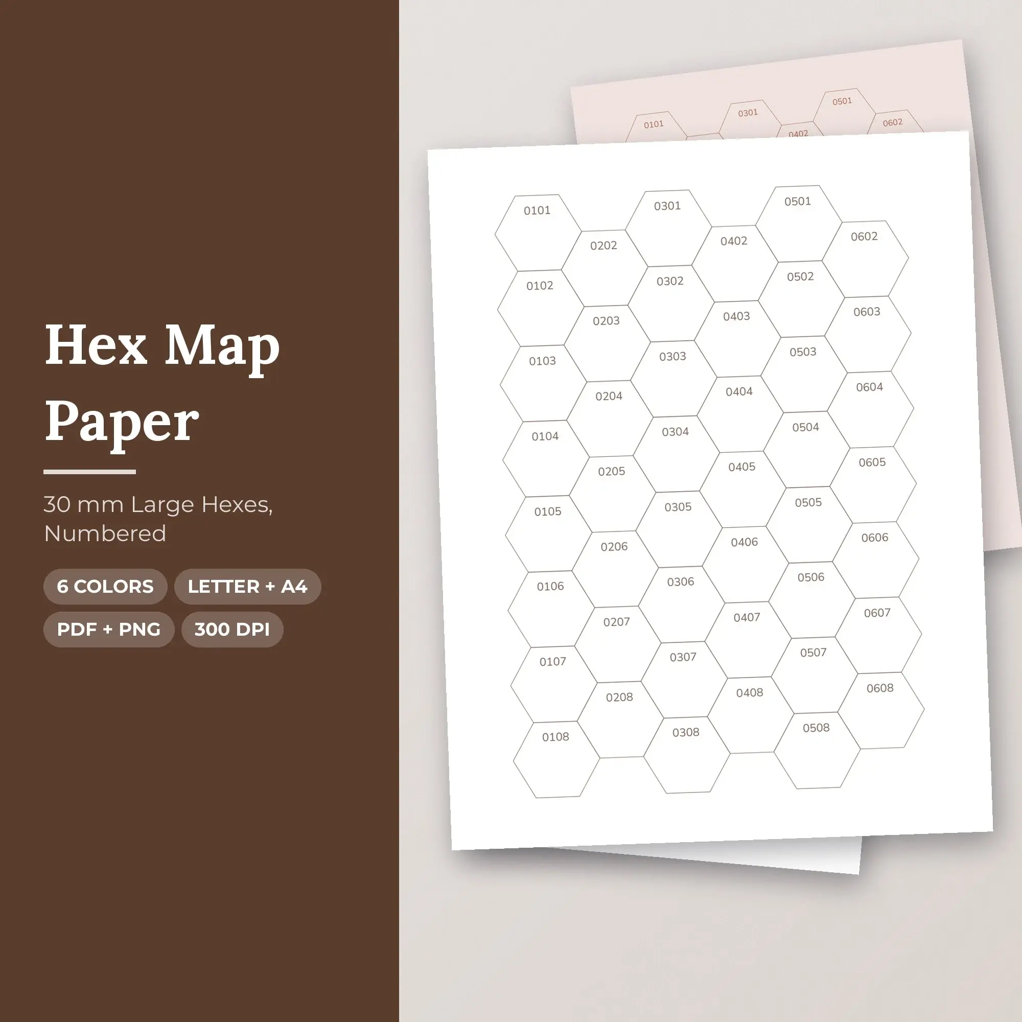 30 mm Large Hexes Hex Map Paper, Numbered Printable PDF, 6 Color Set preview