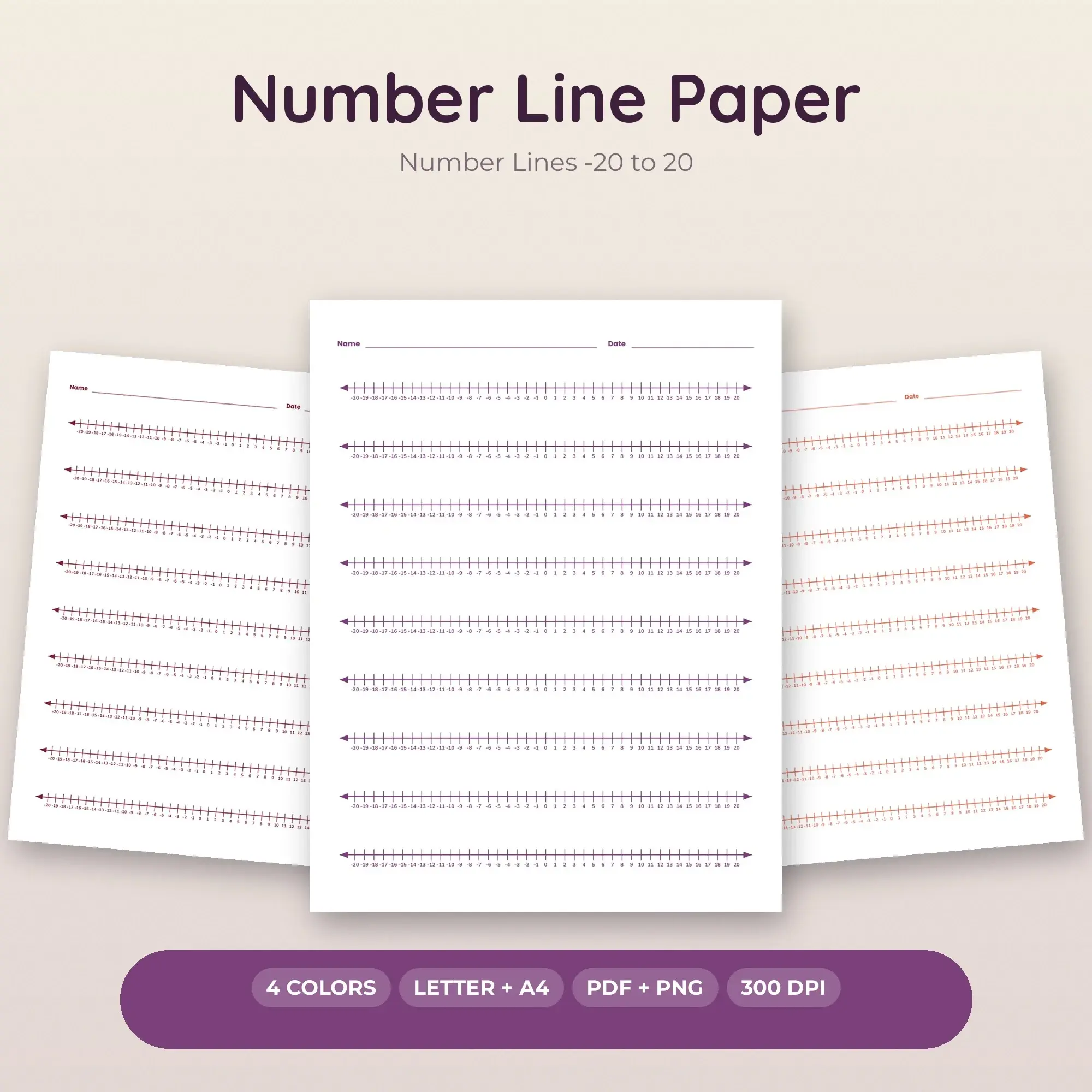 Number Lines -20 to 20 Number Line Paper Printable PDF, 4 Color Set preview