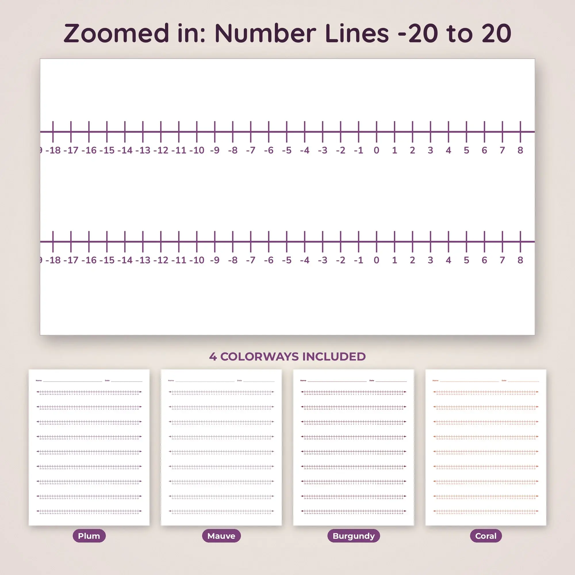 Number Lines -20 to 20 Number Line Paper Printable PDF, 4 Color Set, preview 2 of 2