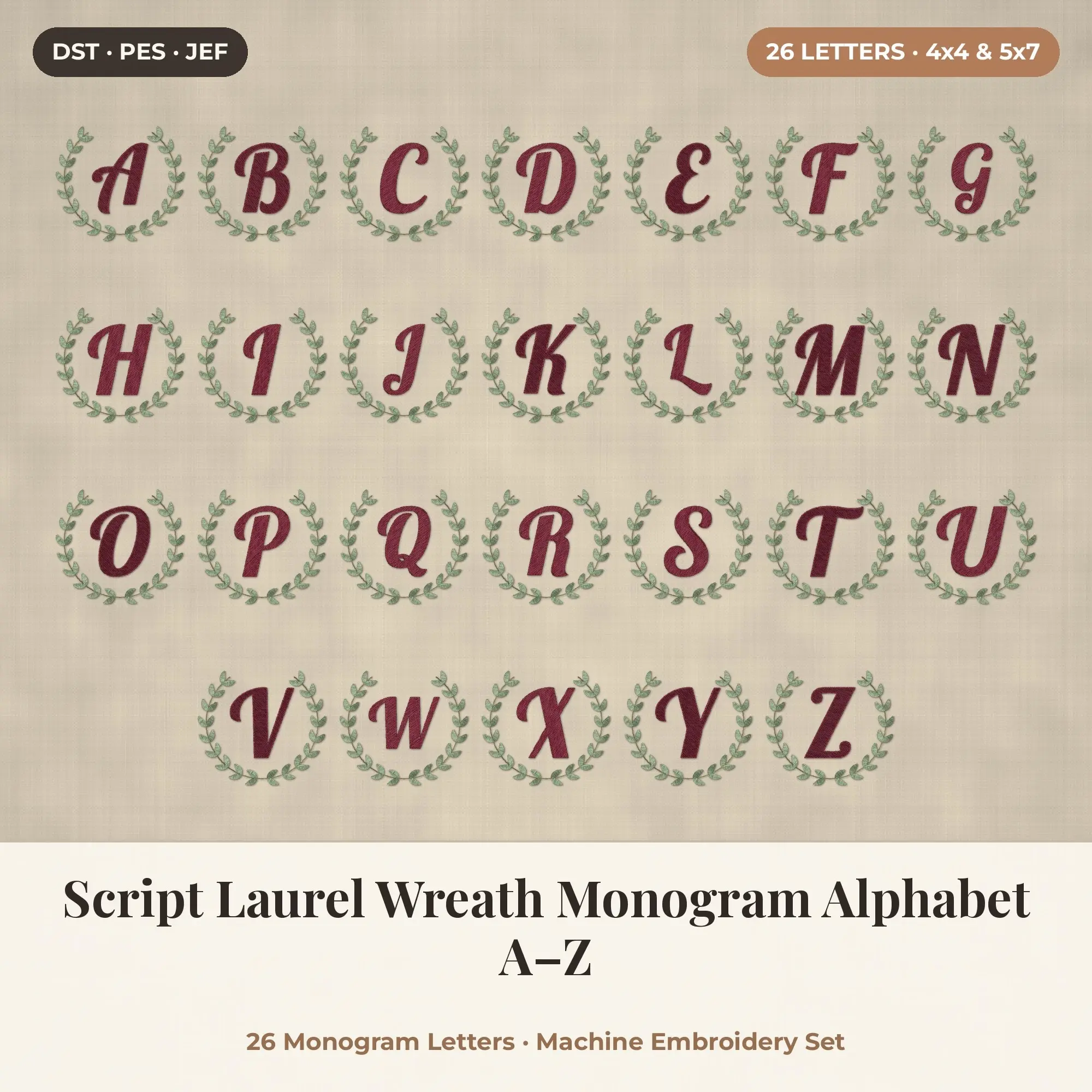 Script Laurel Wreath Monogram Alphabet Embroidery A-Z 4x4 5x7 preview
