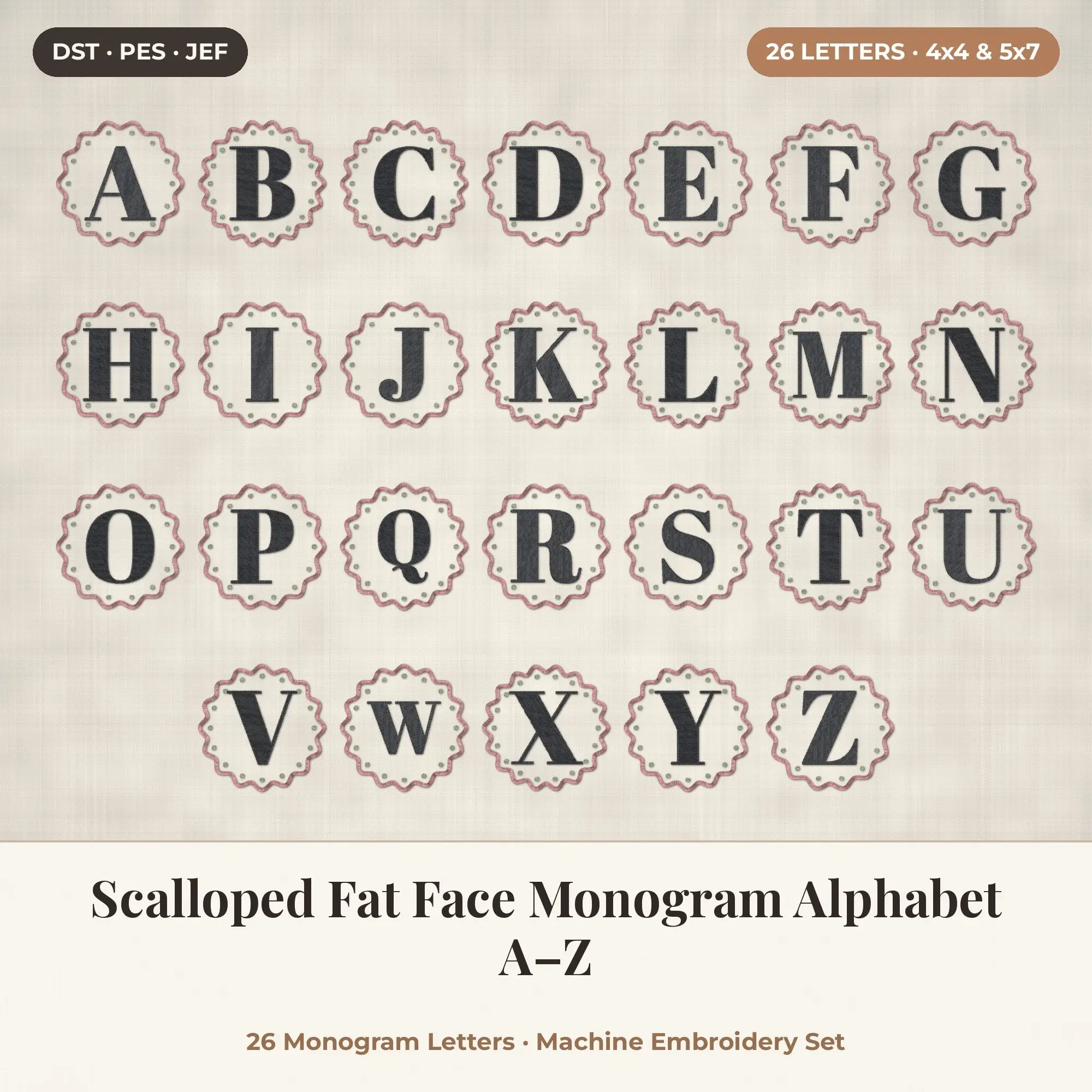 Scalloped Fat Face Monogram Alphabet Embroidery A-Z 4x4 5x7 preview