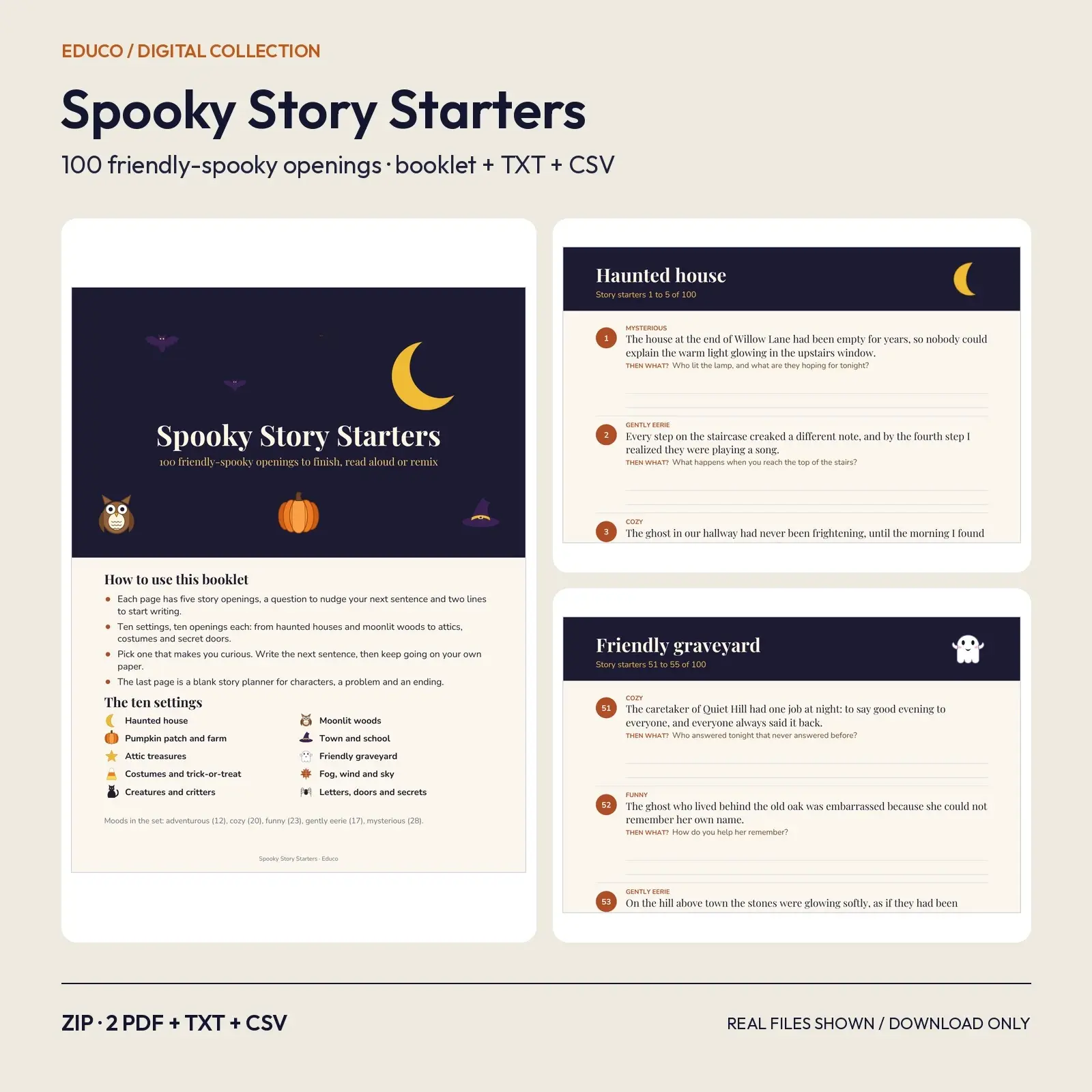 Spooky Story Starters – 100 Friendly-Spooky Story Openings for Kids (Printable PDF Booklet, TXT, CSV) preview