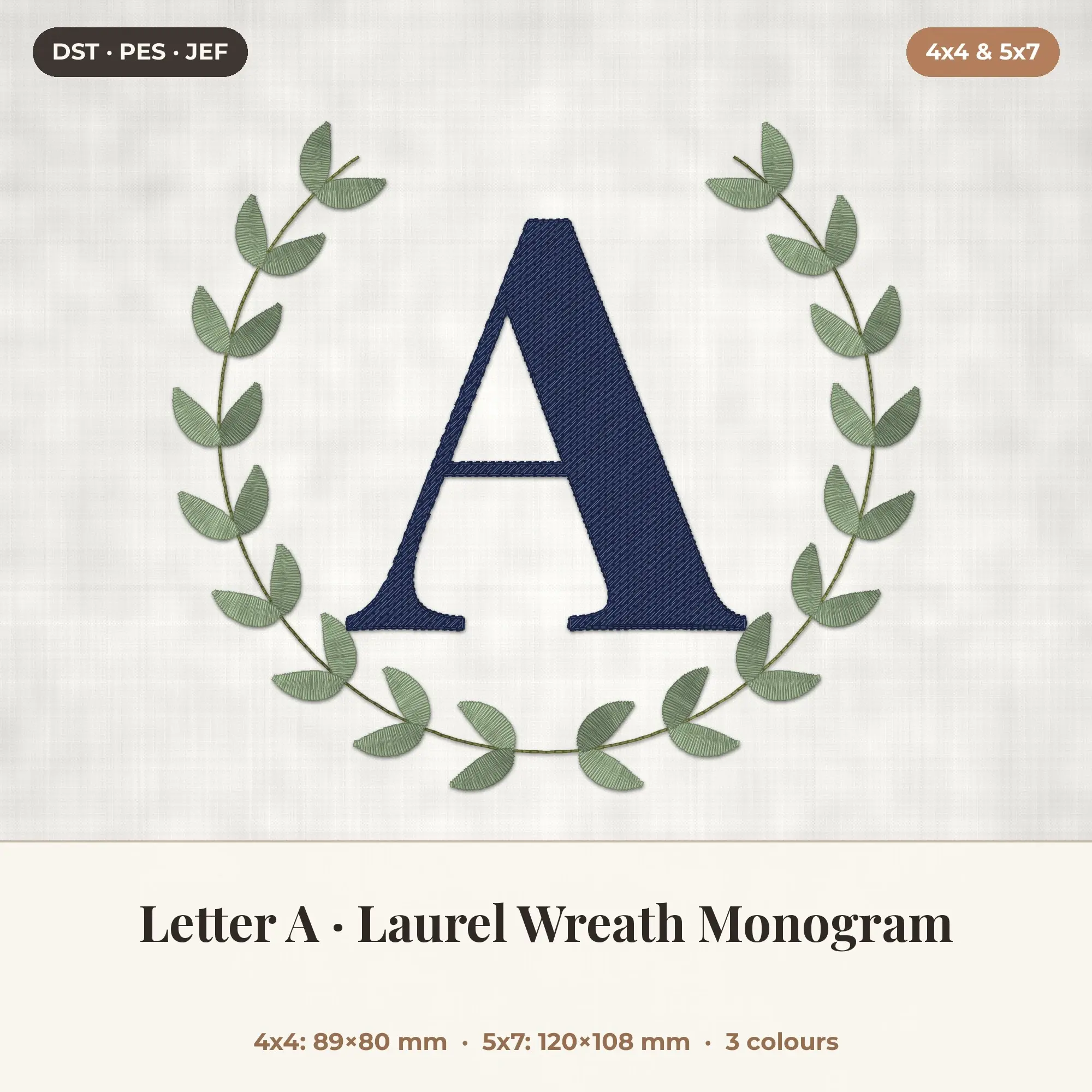Letter A Laurel Wreath Monogram Embroidery Design 4x4 5x7 preview
