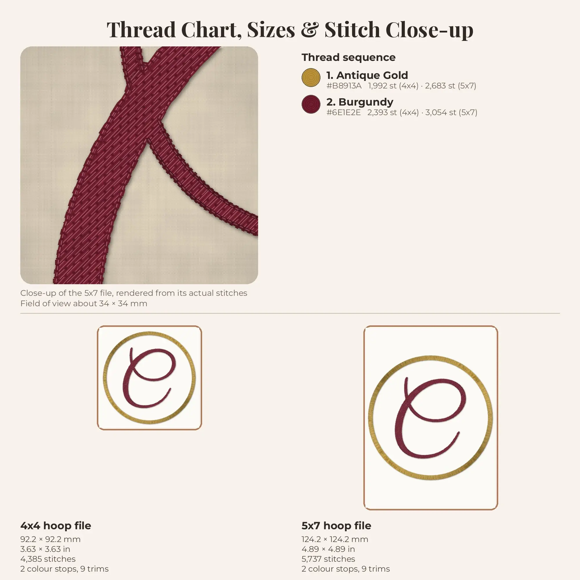 Letter C Circle Monogram Embroidery Design 4x4 5x7, preview 2 of 2