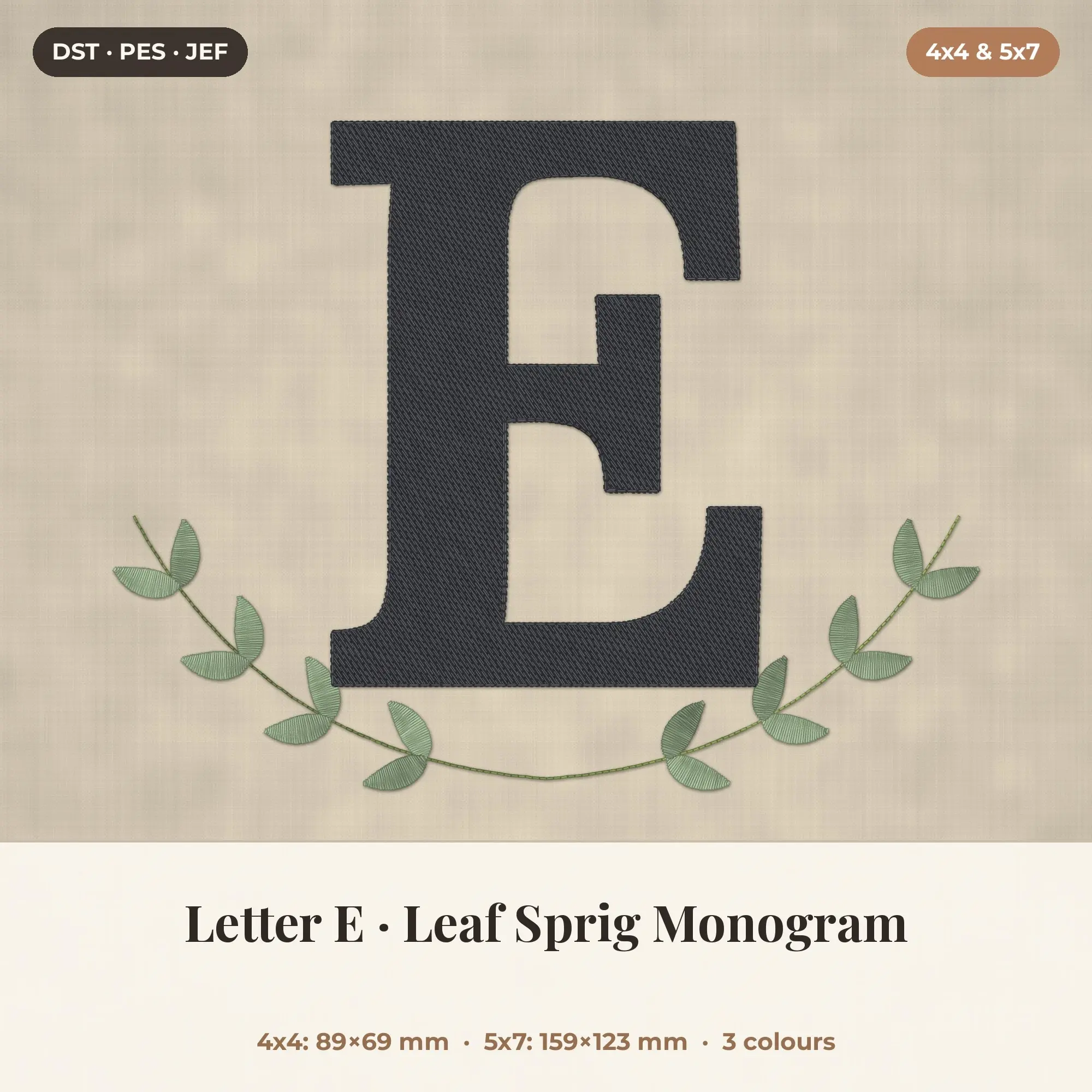 Letter E Leaf Sprig Monogram Embroidery Design 4x4 5x7 preview
