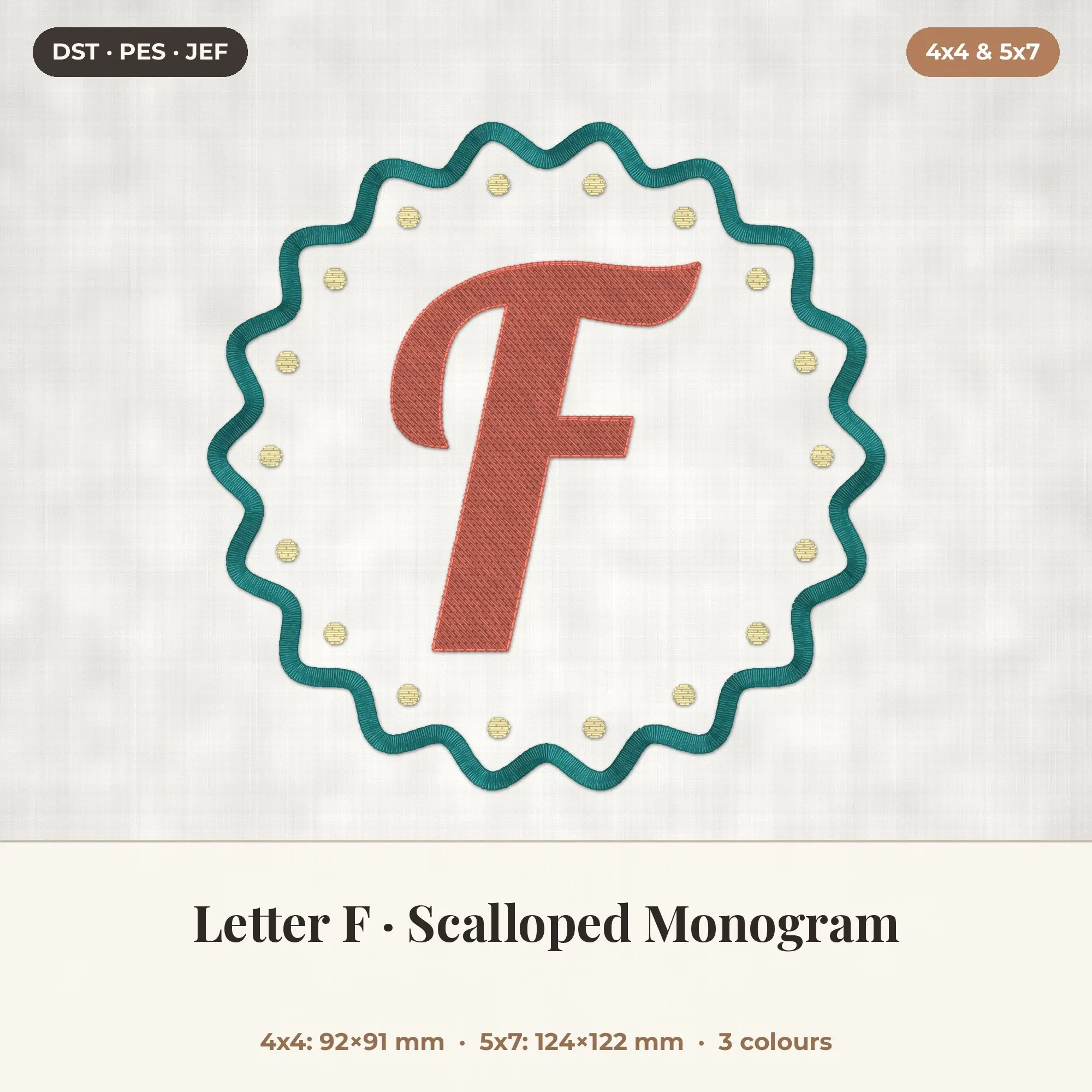 Letter F Scalloped Monogram Embroidery Design 4x4 5x7 preview
