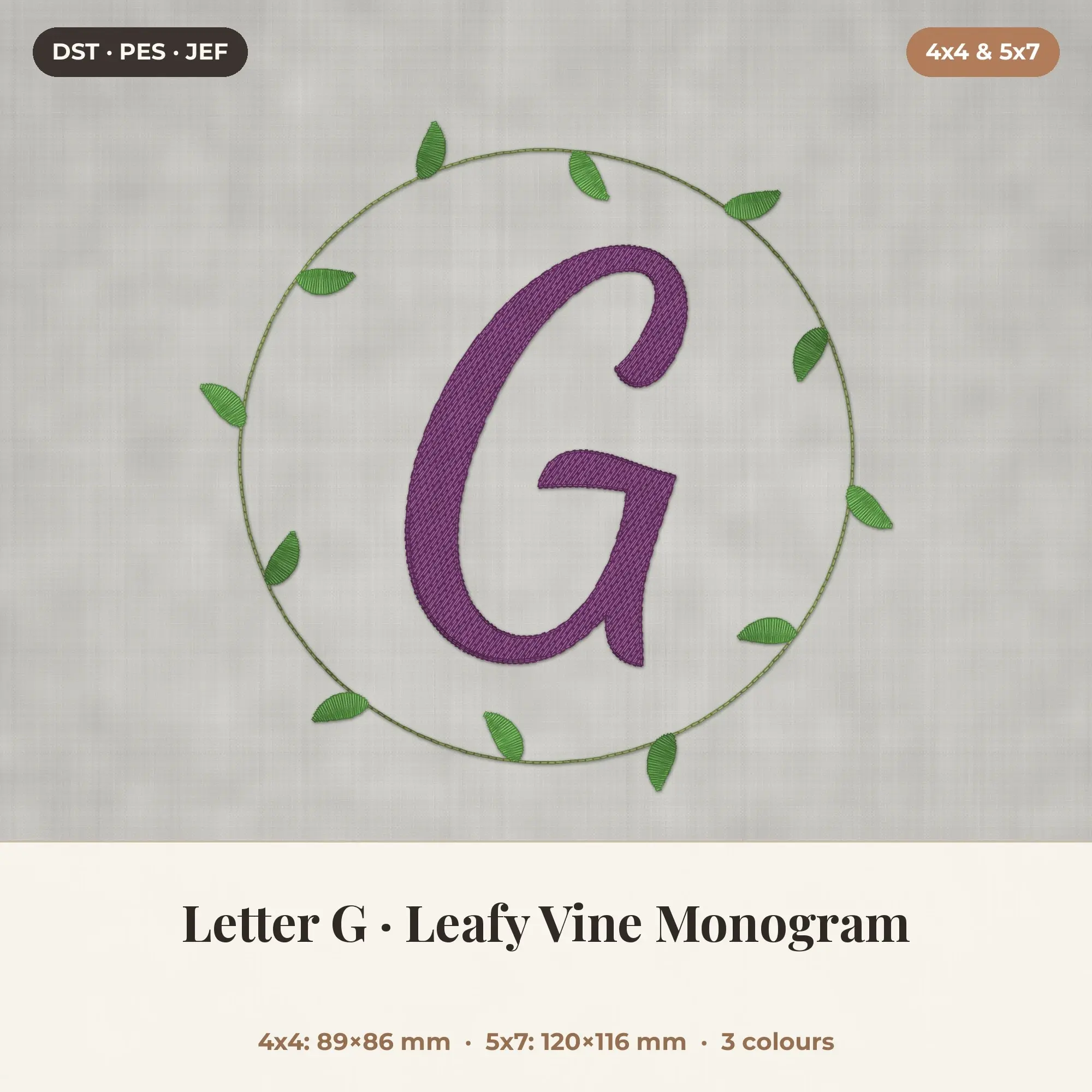Letter G Leafy Vine Monogram Embroidery Design 4x4 5x7 preview