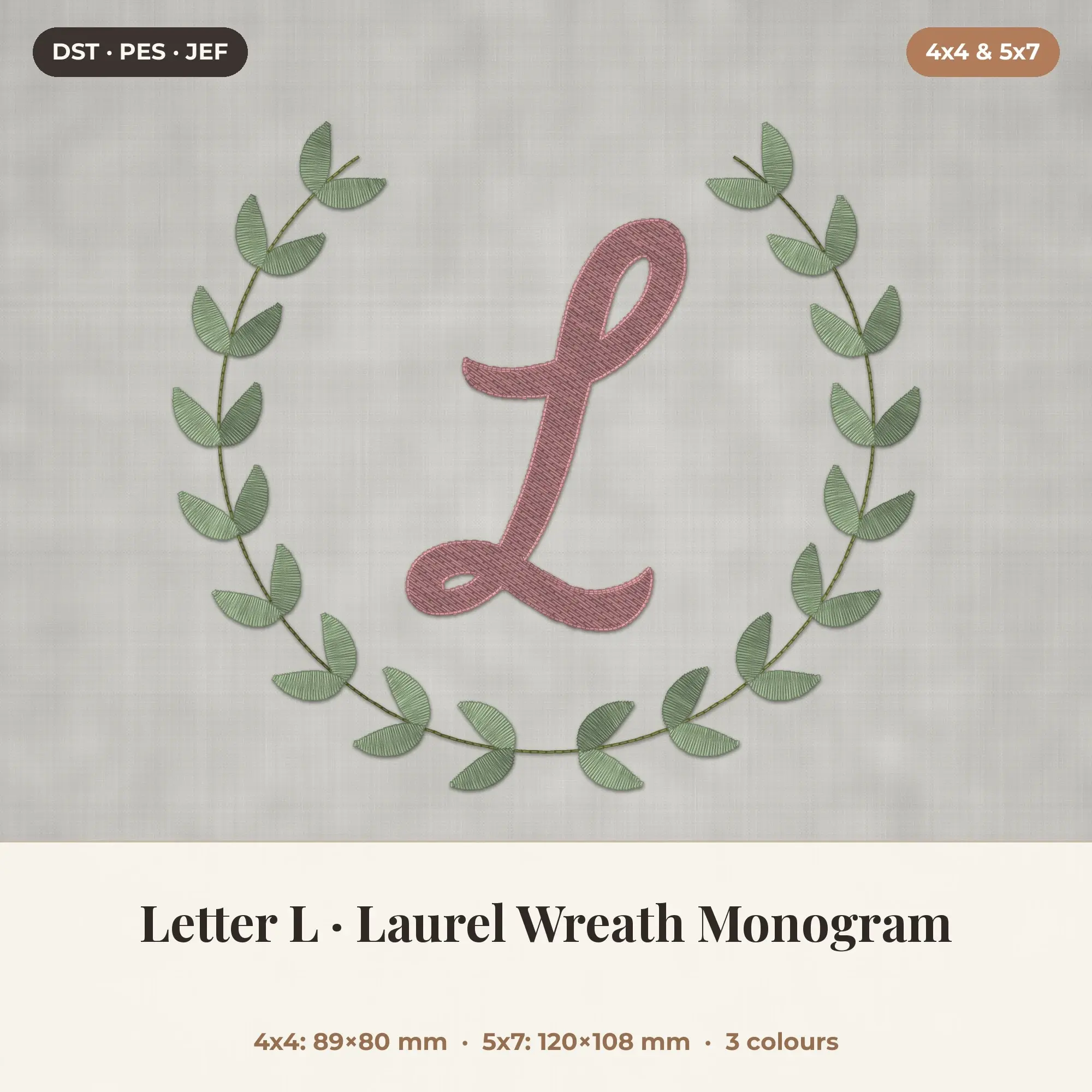 Letter L Laurel Wreath Monogram Embroidery Design 4x4 5x7 preview