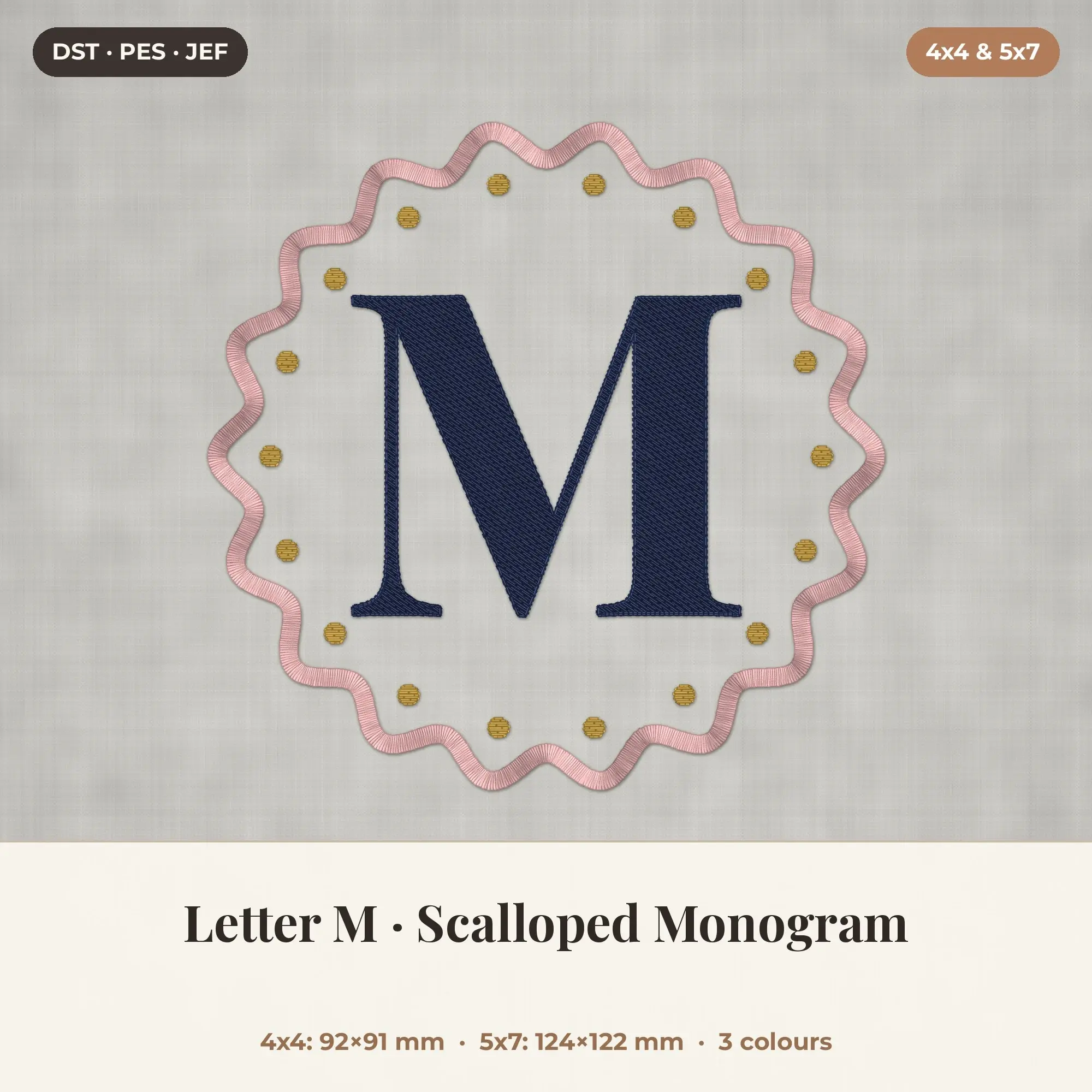 Letter M Scalloped Monogram Embroidery Design 4x4 5x7 preview