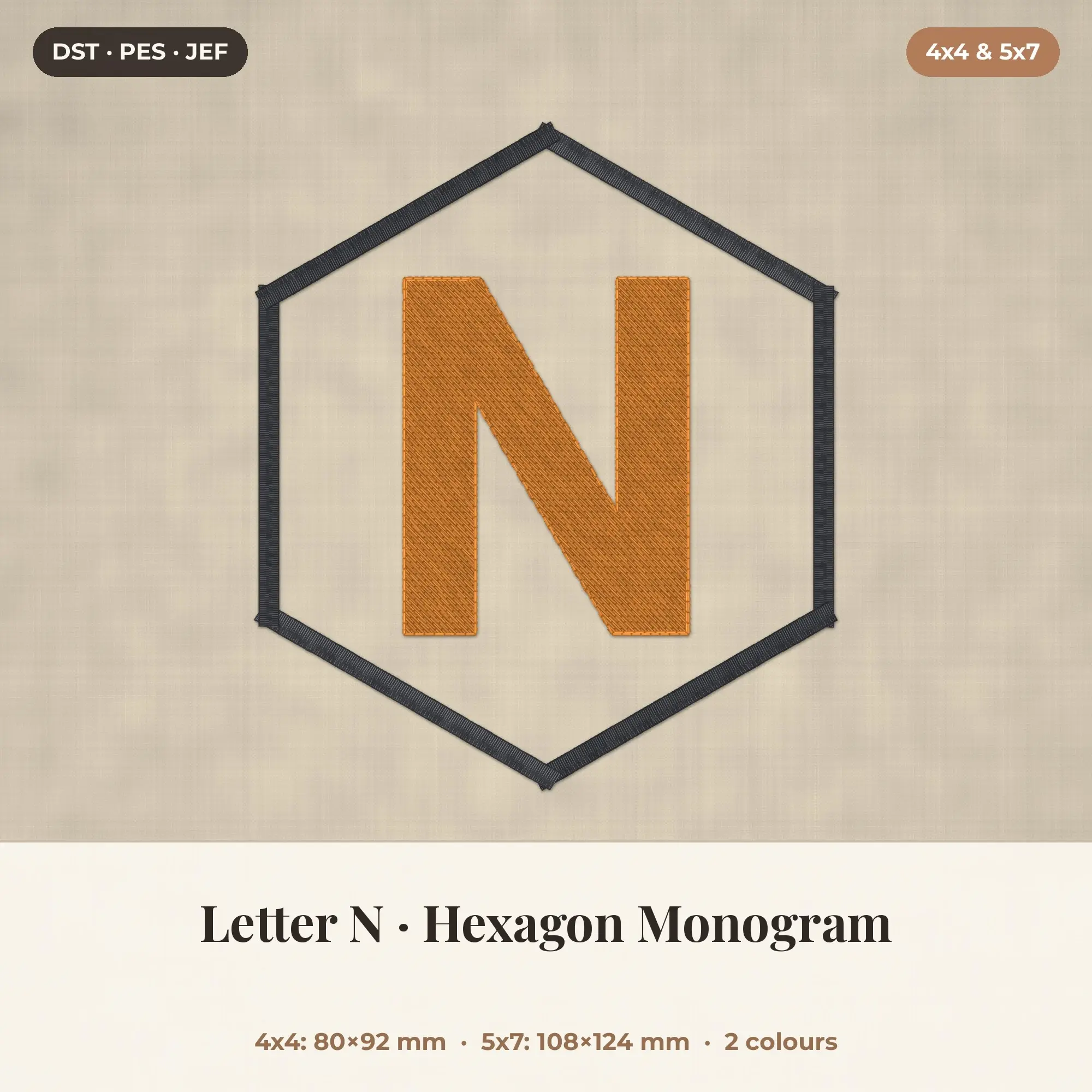 Letter N Hexagon Monogram Embroidery Design 4x4 5x7 preview