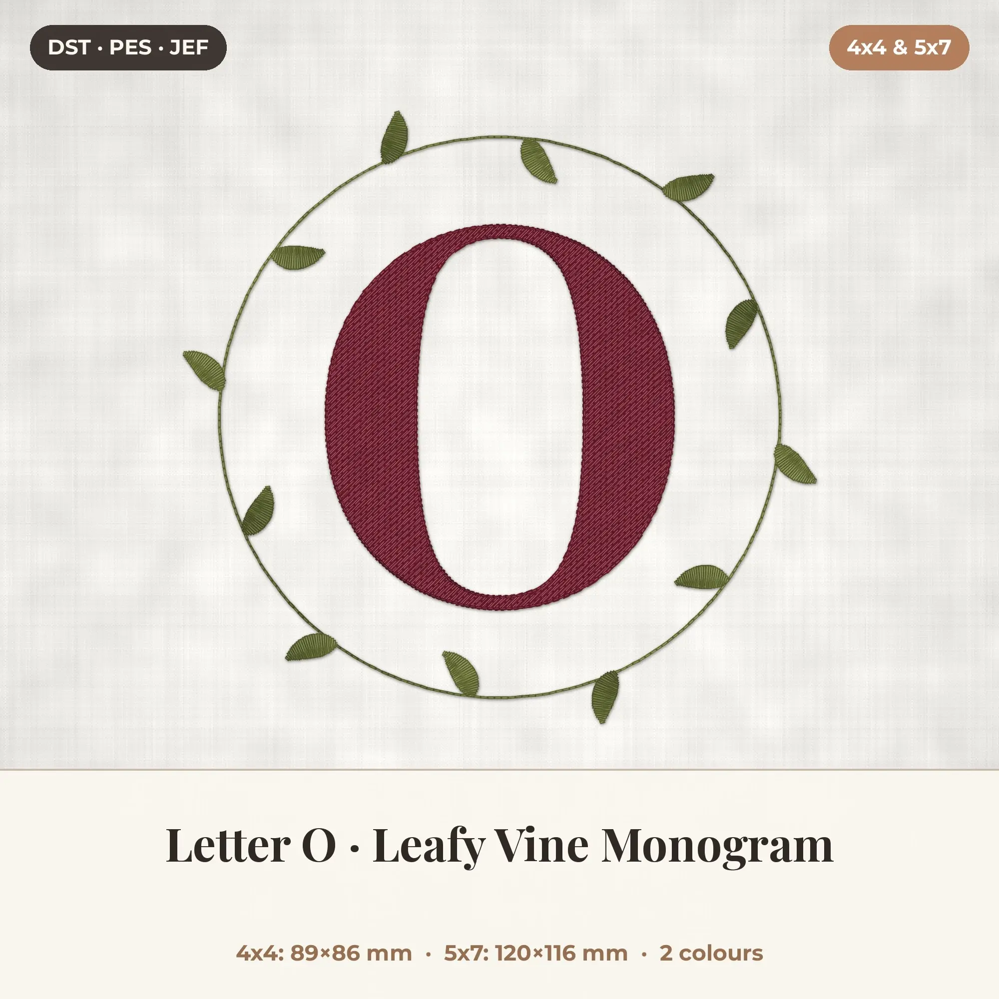 Letter O Leafy Vine Monogram Embroidery Design 4x4 5x7 preview