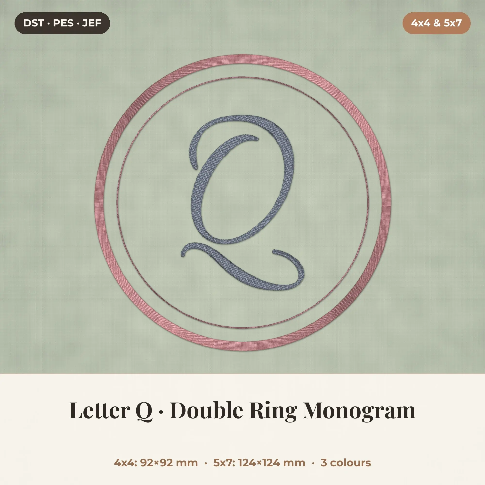 Letter Q Double Ring Monogram Embroidery Design 4x4 5x7, preview 1 of 2