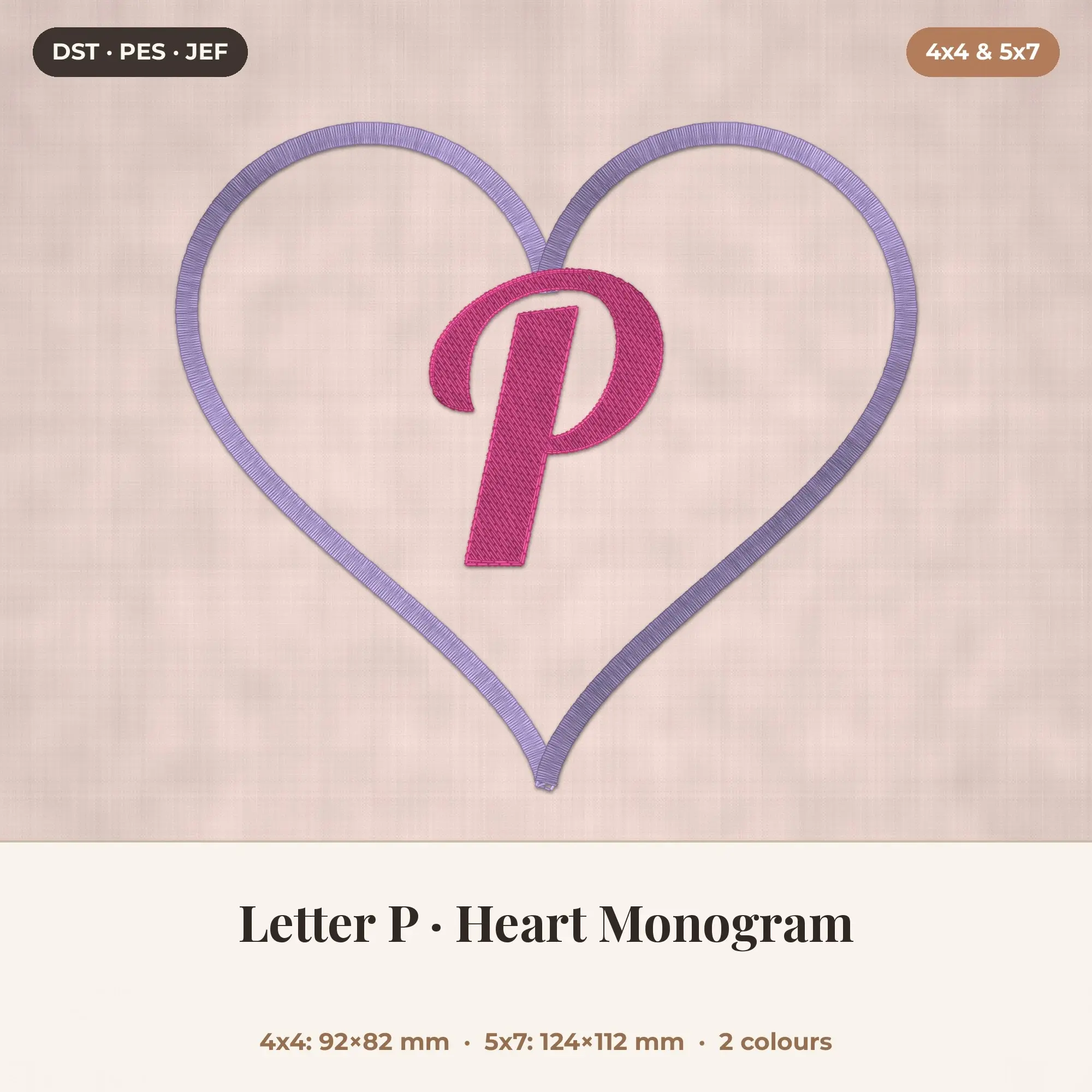 Letter P Heart Monogram Embroidery Design 4x4 5x7 preview