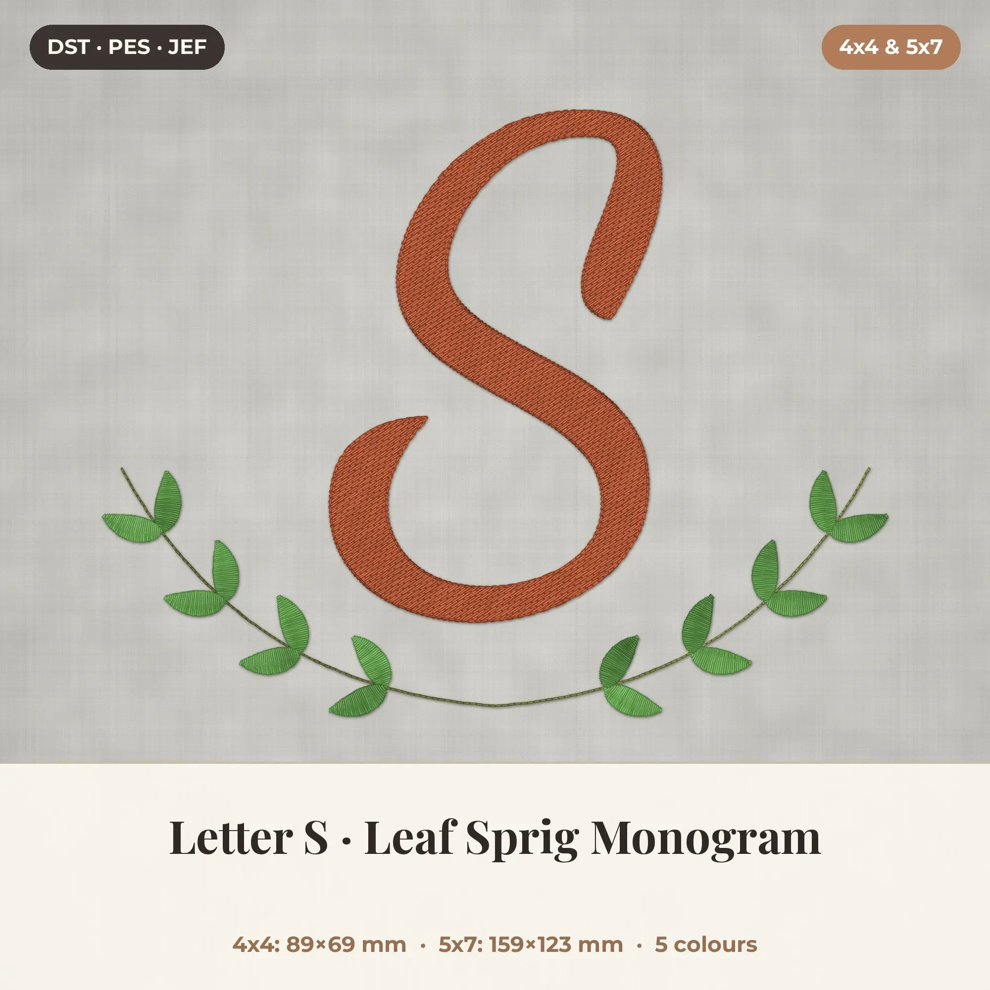 Letter S Leaf Sprig Monogram Embroidery Design 4x4 5x7 preview