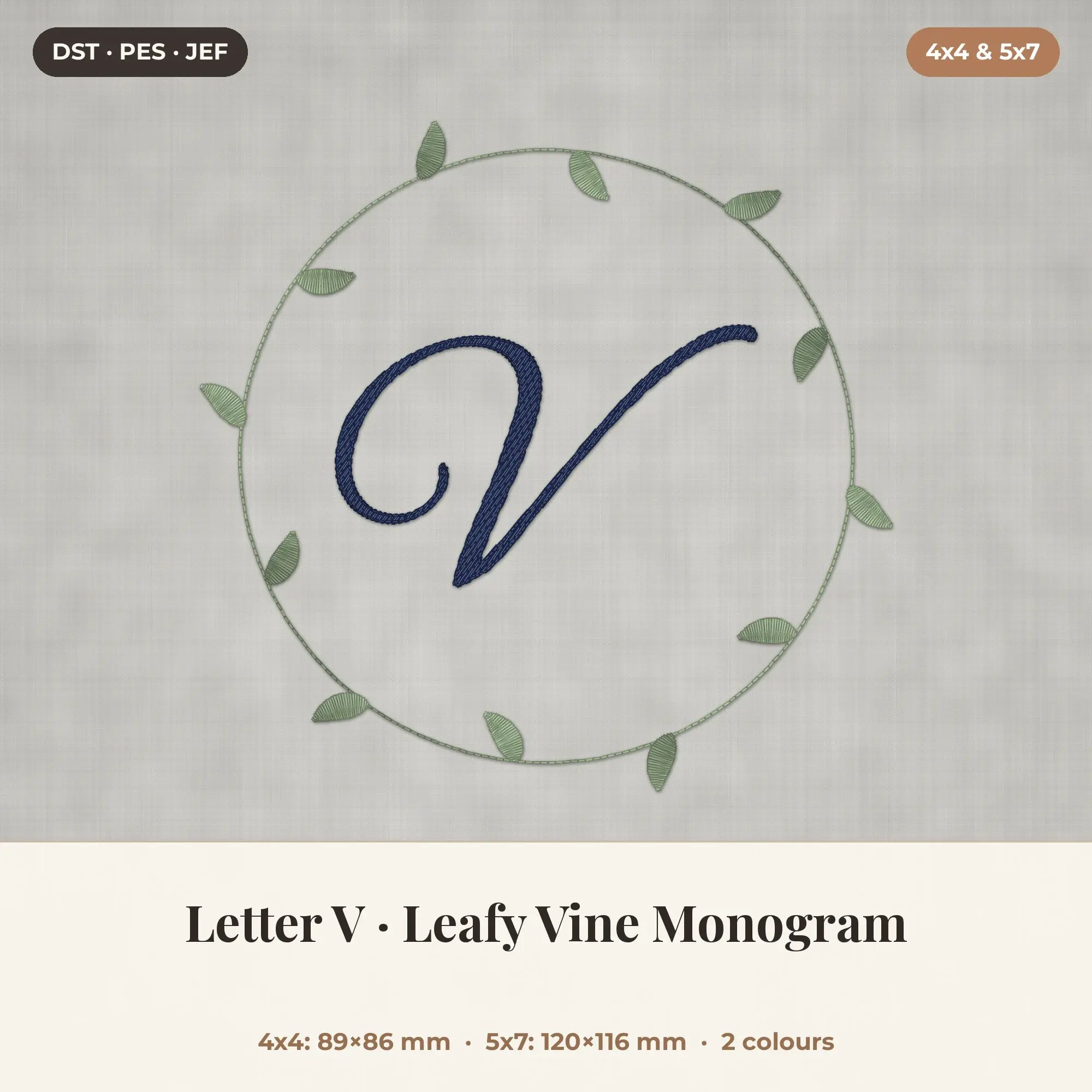 Letter V Leafy Vine Monogram Embroidery Design 4x4 5x7 preview
