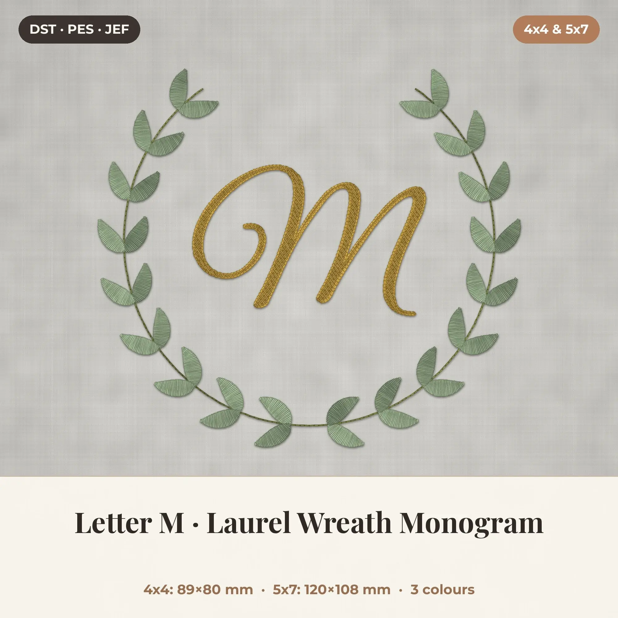 Letter M Laurel Wreath Monogram Embroidery Design 4x4 5x7 preview