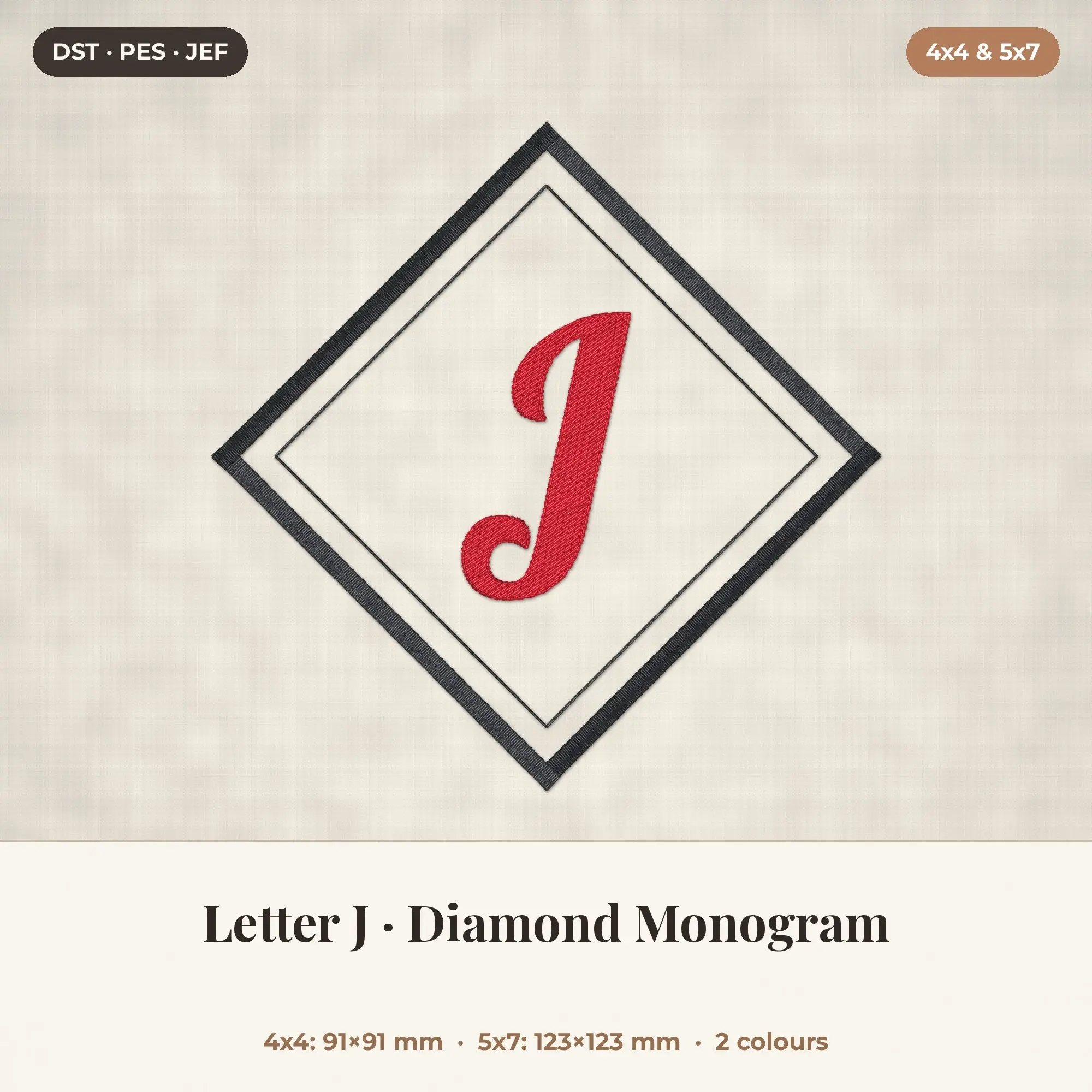 Letter J Diamond Monogram Embroidery Design 4x4 5x7 preview