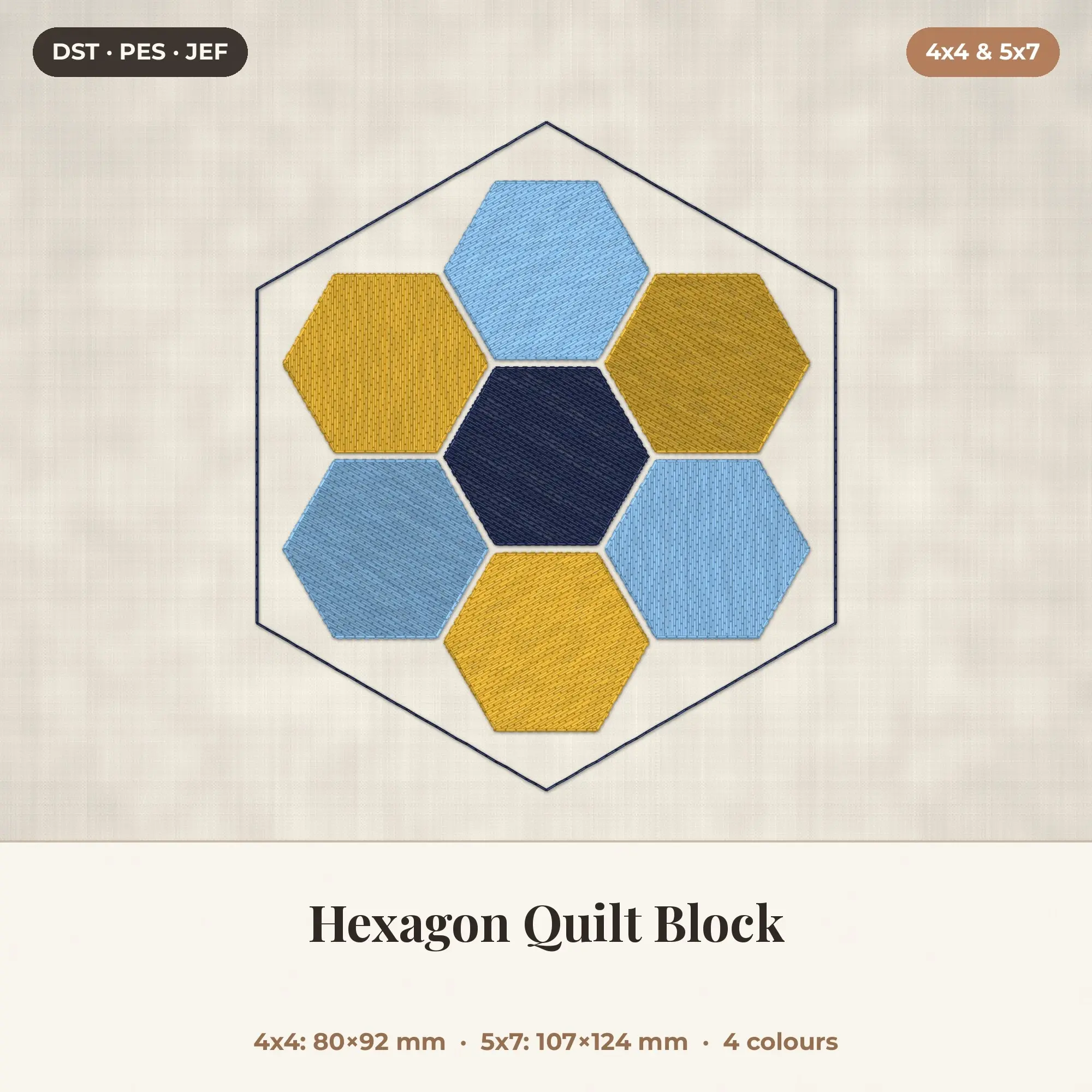 Hexagon Quilt Block Machine Embroidery Design 4x4 5x7, preview 1 of 2